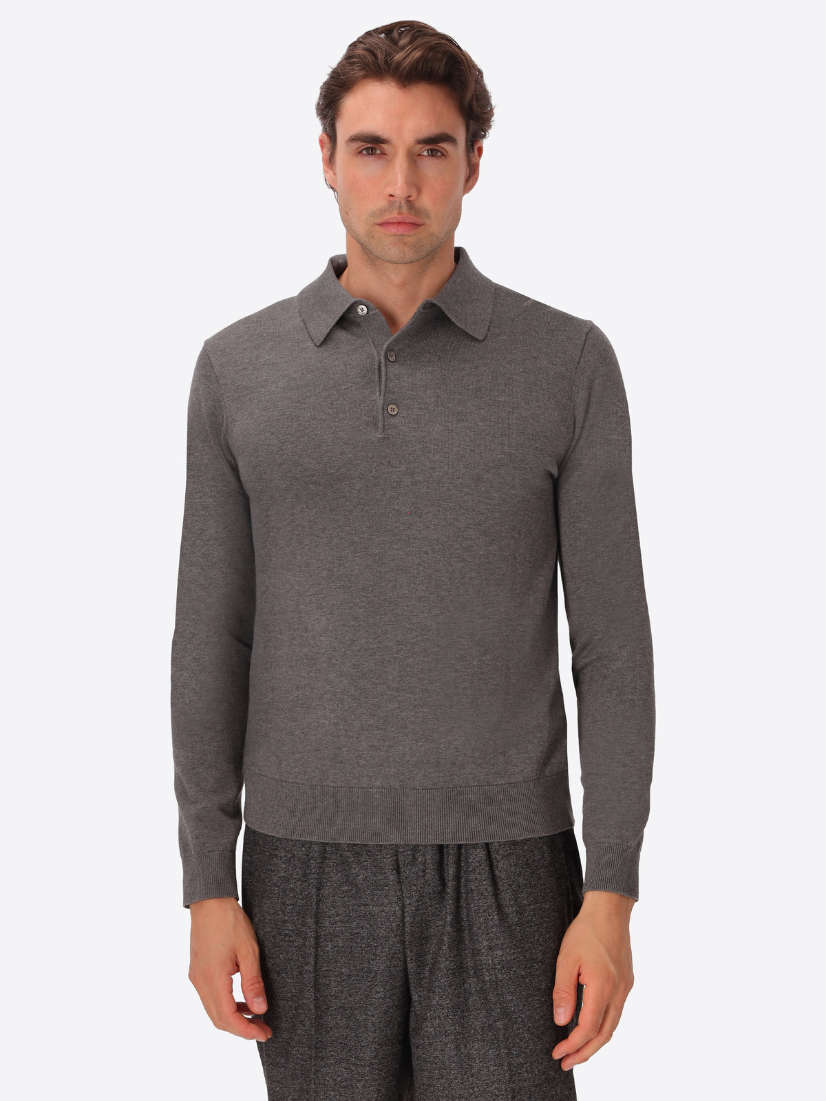 Perugino Melange Grey Technical Cotton-Blend Knit Polo - Model Front View