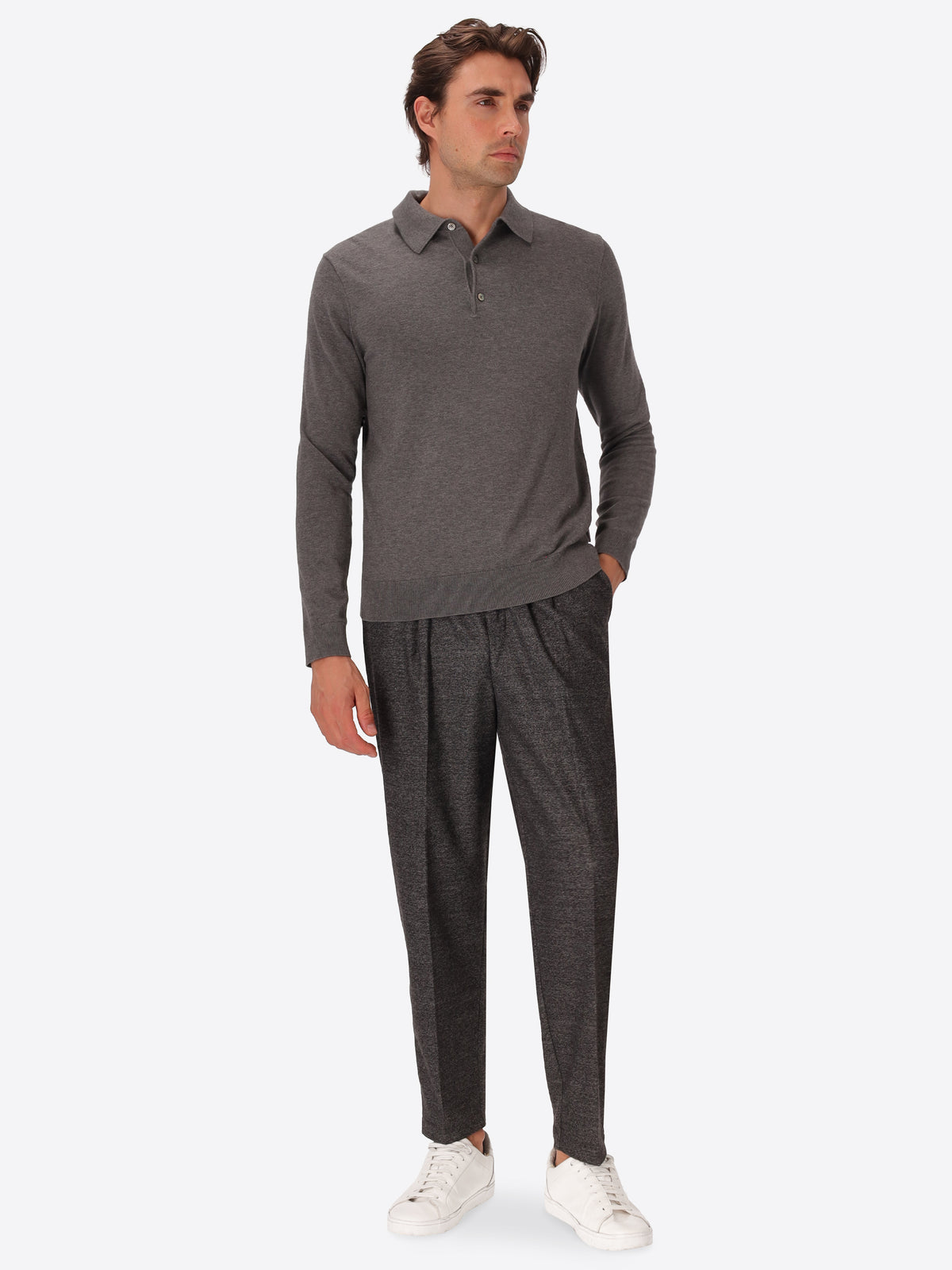 Perugino Melange Grey Technical Cotton-Blend Knit Polo - Model Full Body Shot