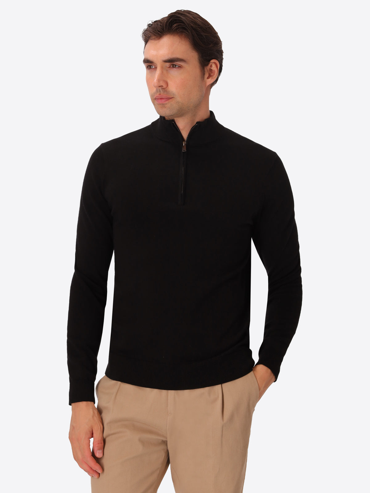 Black Technical Cotton-Blend Zip Turtleneck Sweater Perugino - Model Front View
