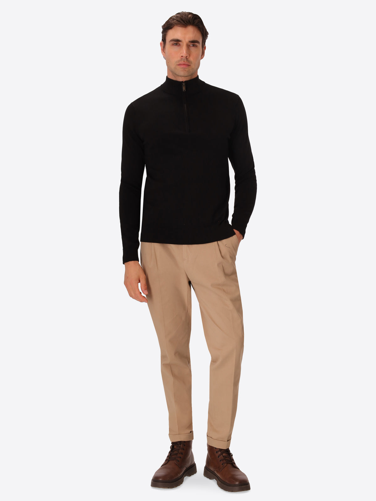 Black Technical Cotton-Blend Zip Turtleneck Sweater Perugino - Model Full Body Shot