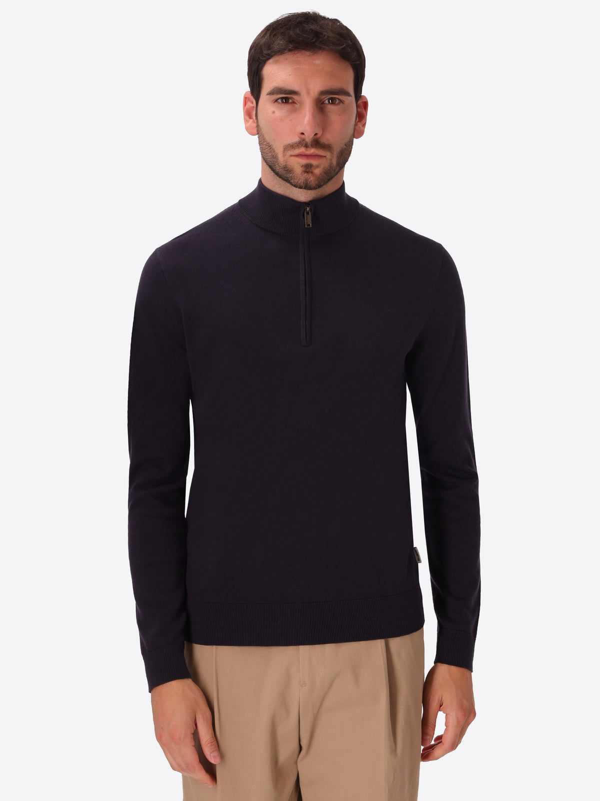 Blue Technical Cotton-Blend Zip Turtleneck Sweater Perugino - Model Front View