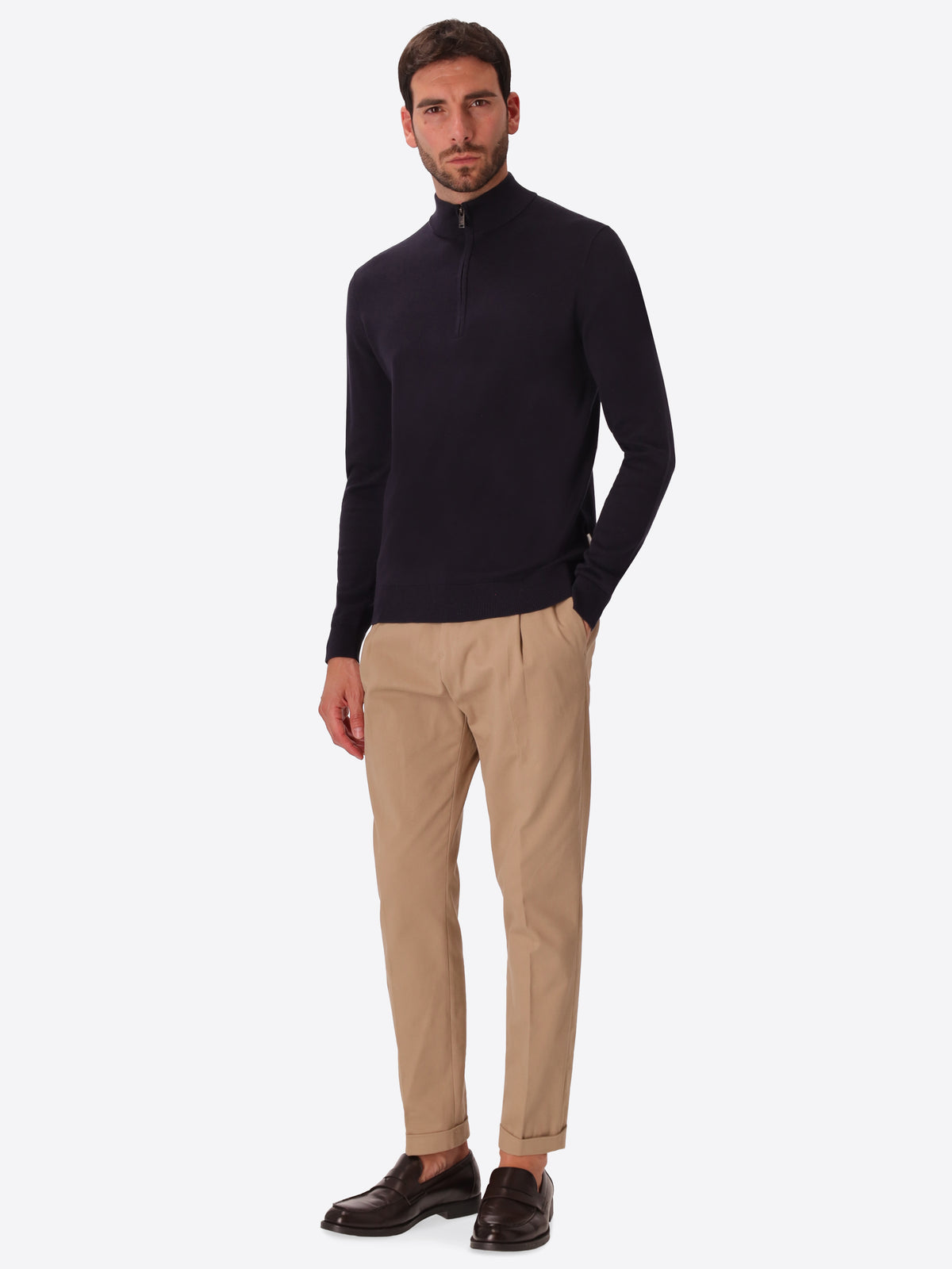 Blue Technical Cotton-Blend Zip Turtleneck Sweater Perugino - Model Full Body Shot