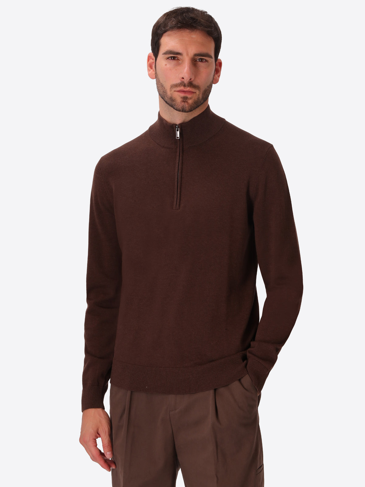 Brown Technical Cotton-Blend Zip Turtleneck Sweater Perugino - Model Front View