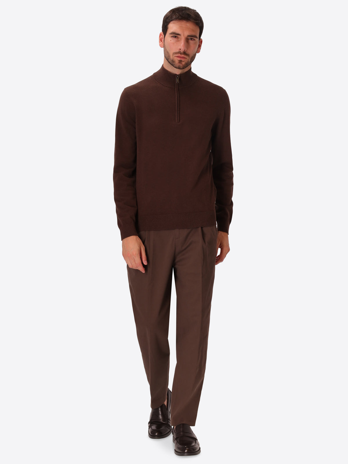 Brown Technical Cotton-Blend Zip Turtleneck Sweater Perugino - Model Full Body Shot