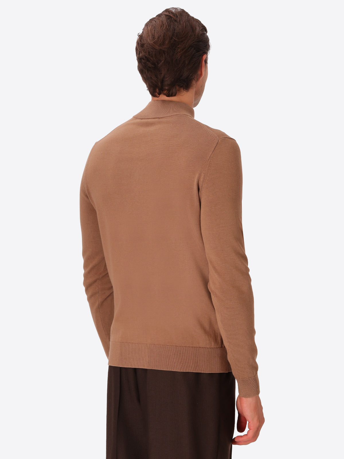 Camel Technical Cotton-Blend Zip Turtleneck Sweater Perugino - Model Back View