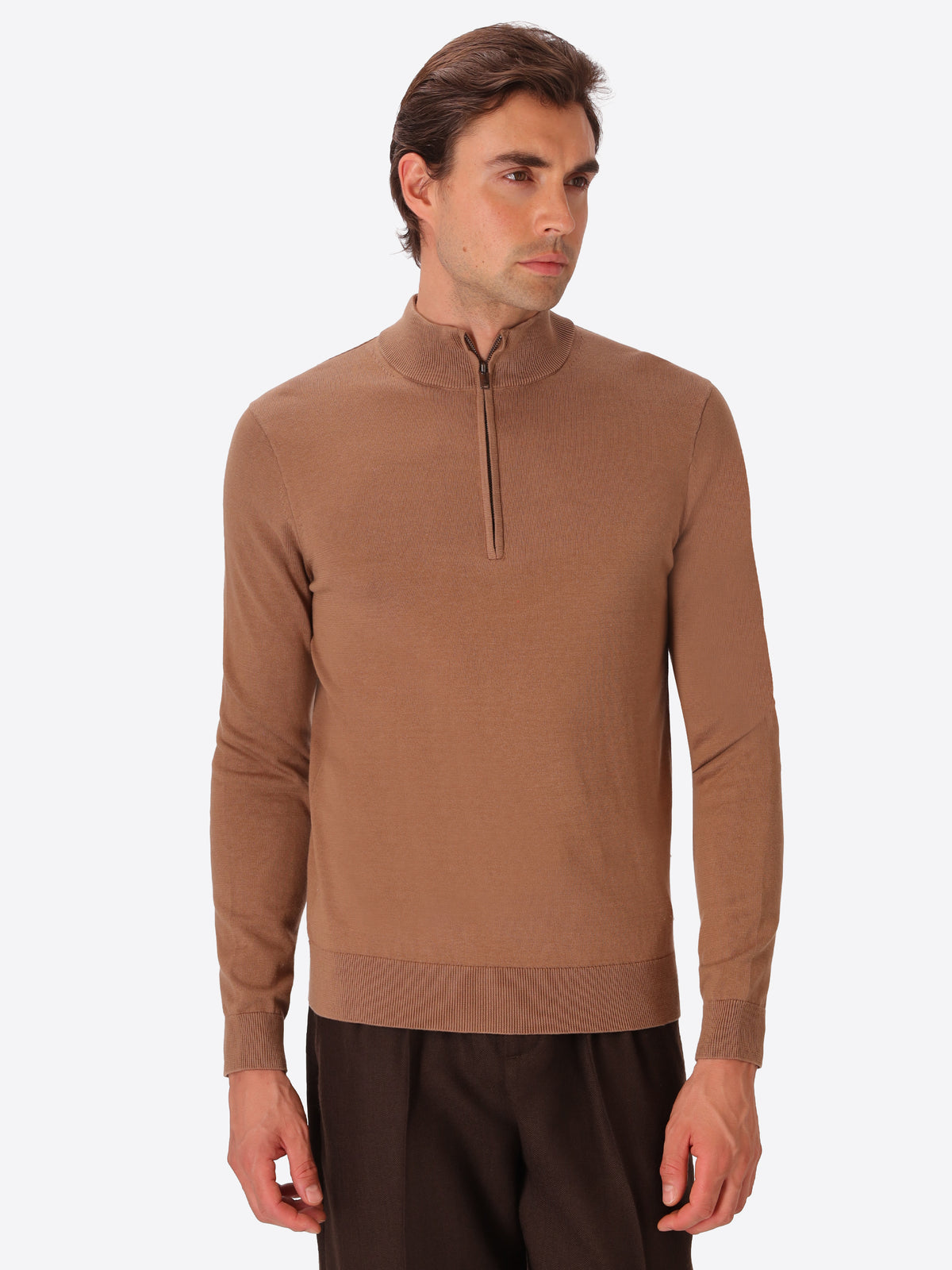 Camel Technical Cotton-Blend Zip Turtleneck Sweater Perugino - Model Front View