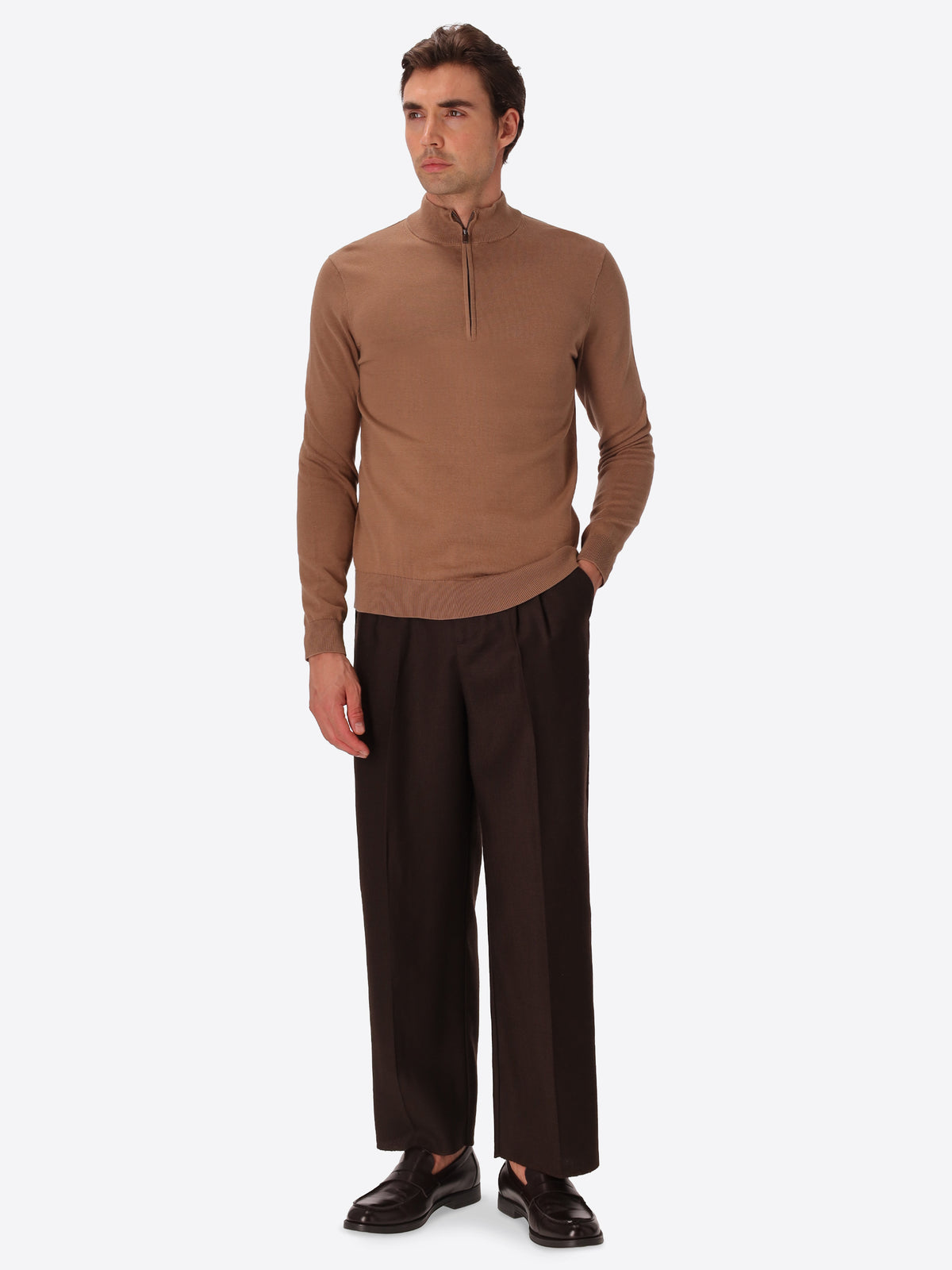Camel Technical Cotton-Blend Zip Turtleneck Sweater Perugino - Model Full Body Shot