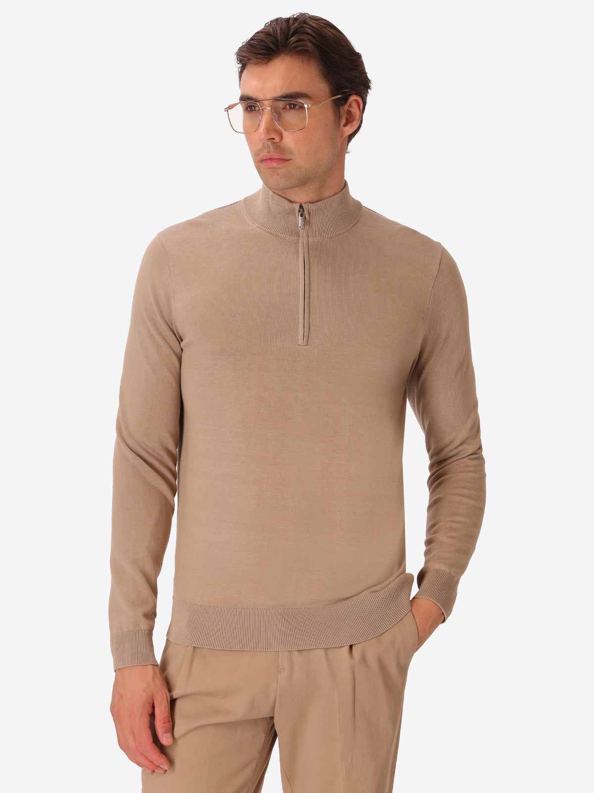 Dove Grey Technical Cotton-Blend Zip Turtleneck Sweater Perugino - Model Front View