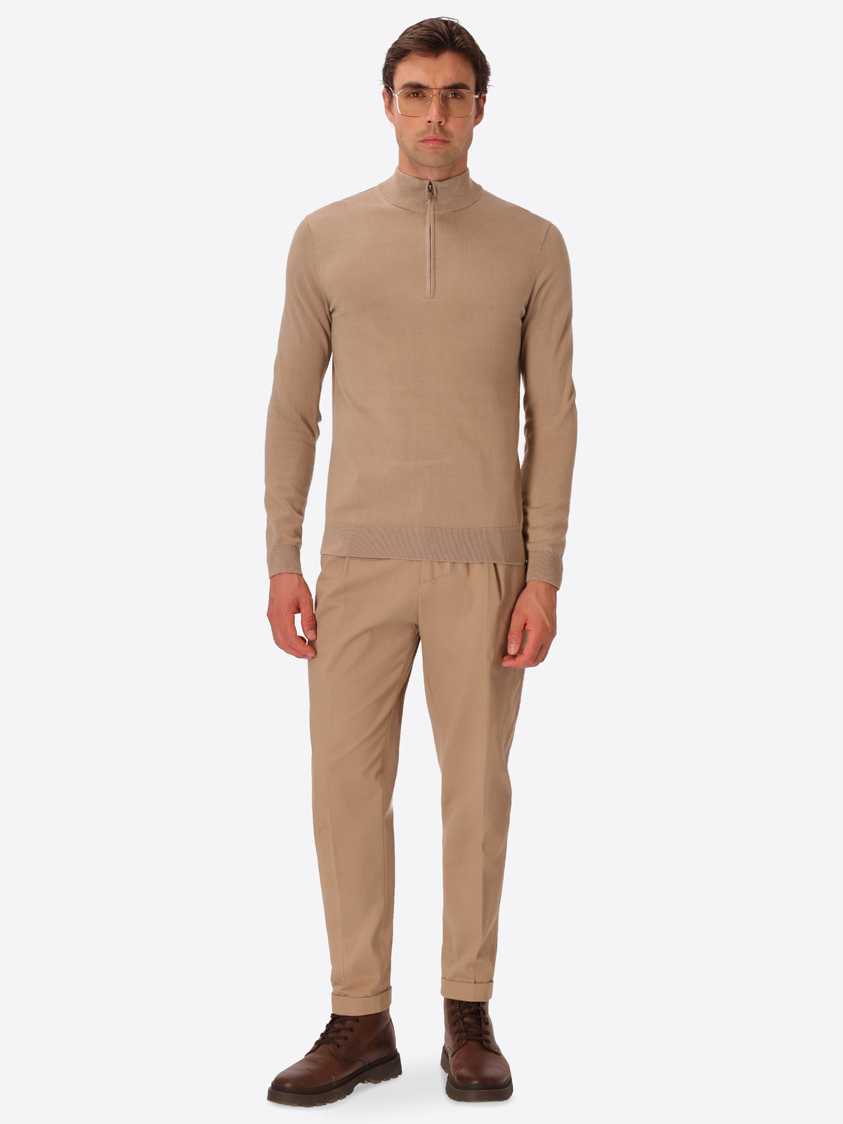 Dove Grey Technical Cotton-Blend Zip Turtleneck Sweater Perugino - Model Full Body Shot