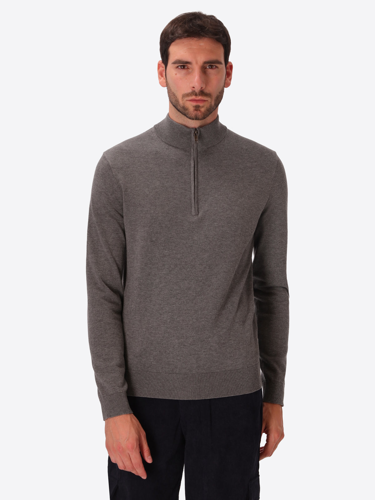 Melange Grey Technical Cotton-Blend Zip Turtleneck Sweater Perugino - Model Front View