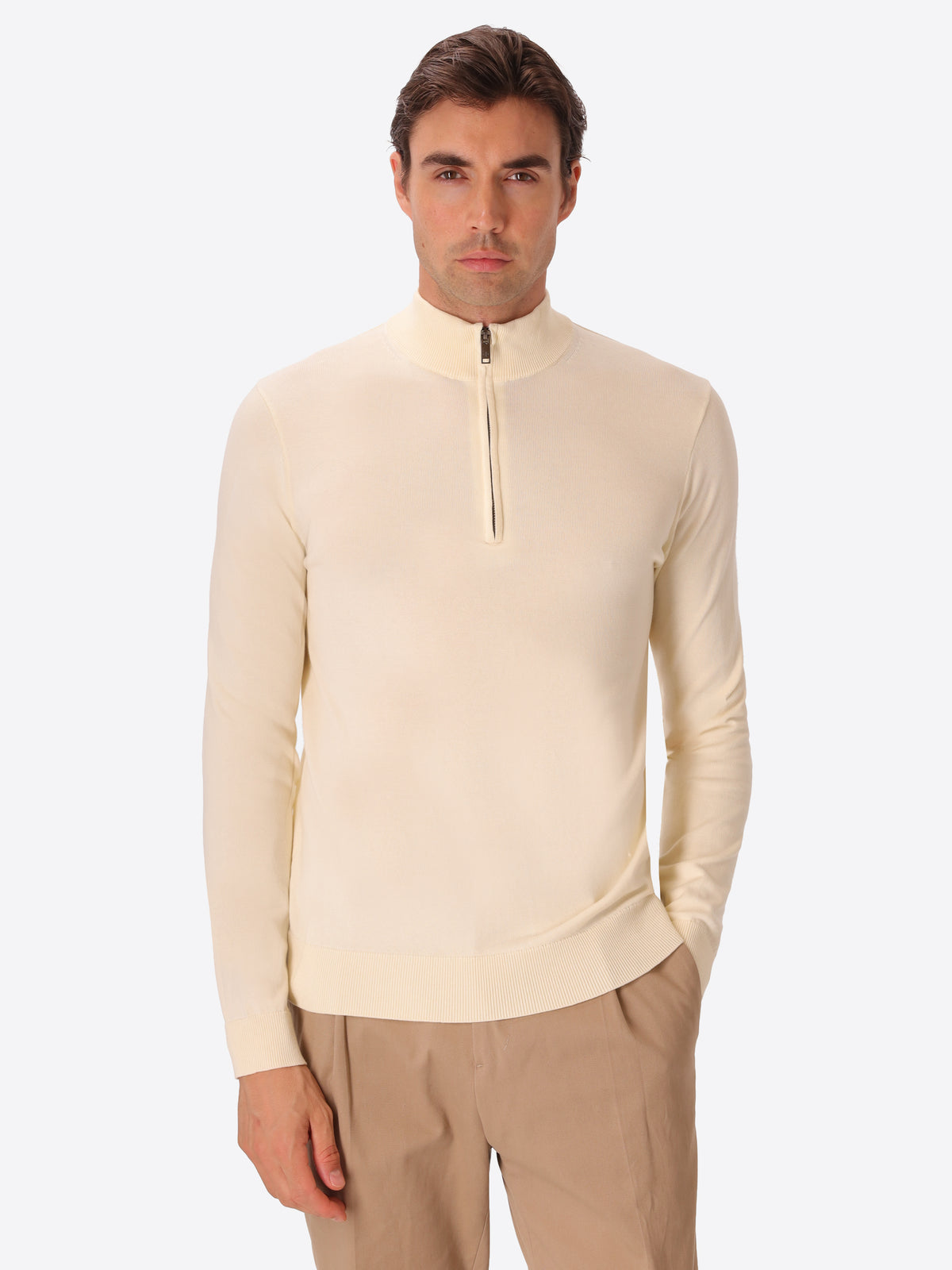 Off White Technical Cotton-Blend Zip Turtleneck Sweater Perugino - Model Front View