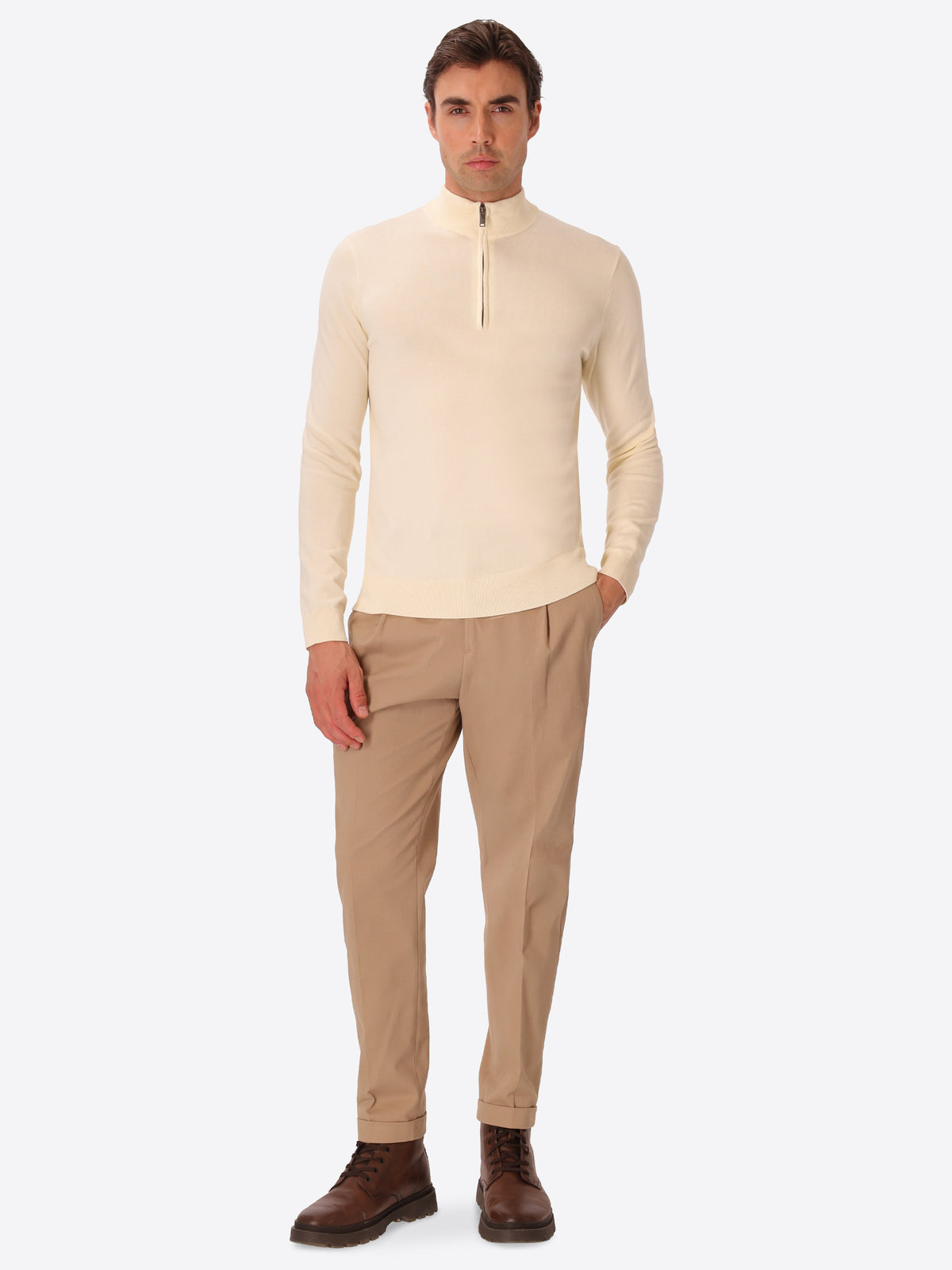 Off White Technical Cotton-Blend Zip Turtleneck Sweater Perugino - Model Full Body Shot