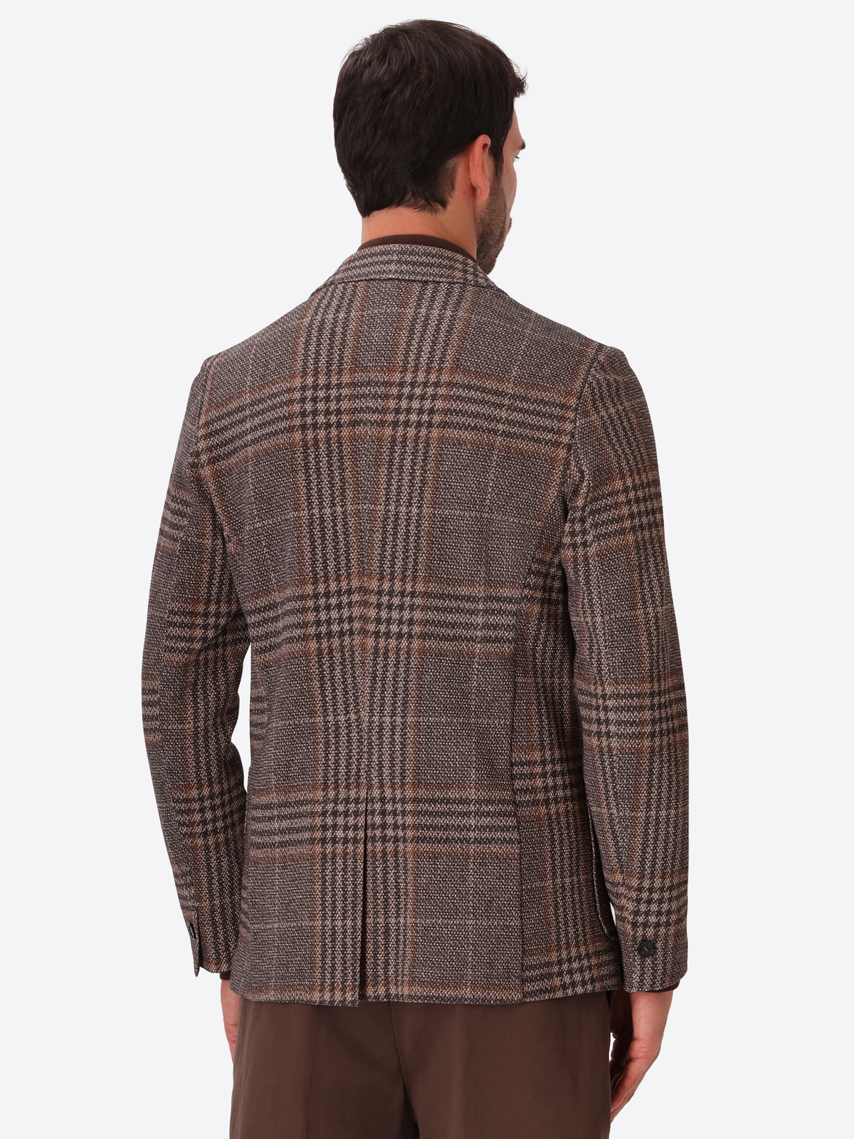 Picasso Brown Textured Pin-Dot Tartan-Print Jacket - Model Back View