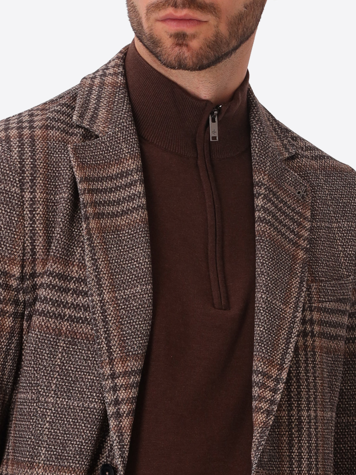 Picasso Brown Textured Pin-Dot Tartan-Print Jacket - Close-Up Of The Collar