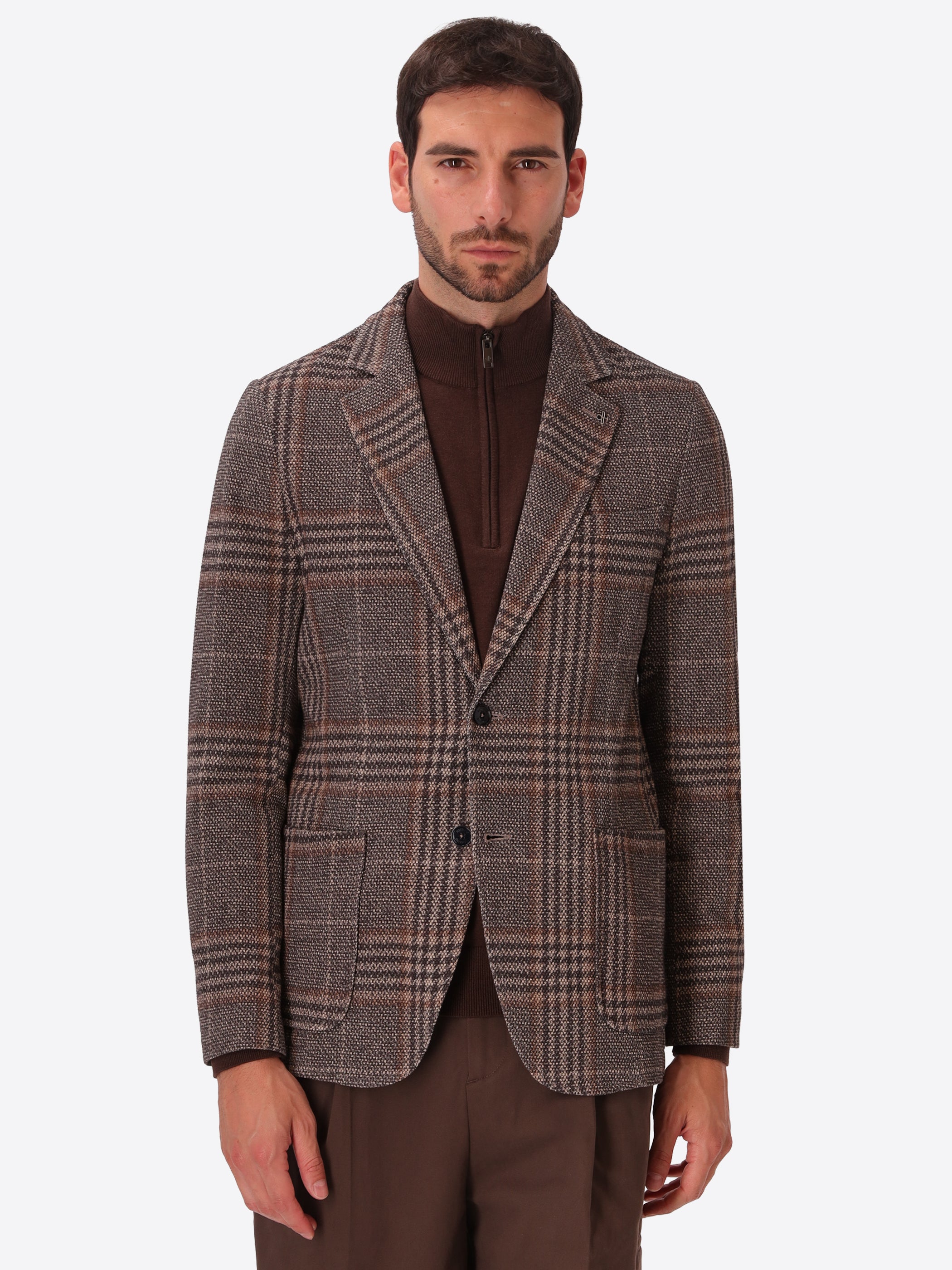 Picasso Brown Textured Pin-Dot Tartan-Print Jacket - Model Front View