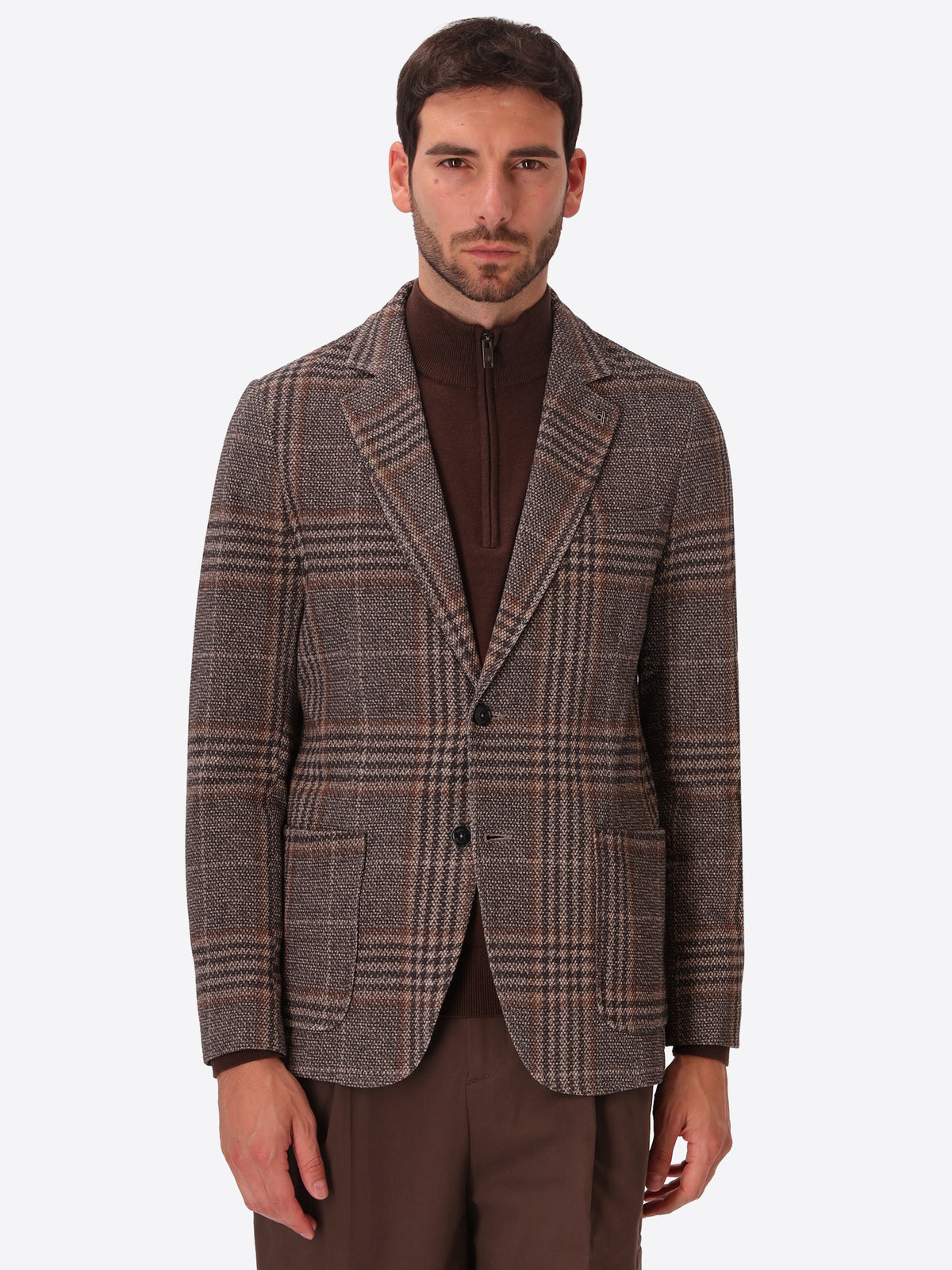 Picasso Brown Textured Pin-Dot Tartan-Print Jacket - Model Front View