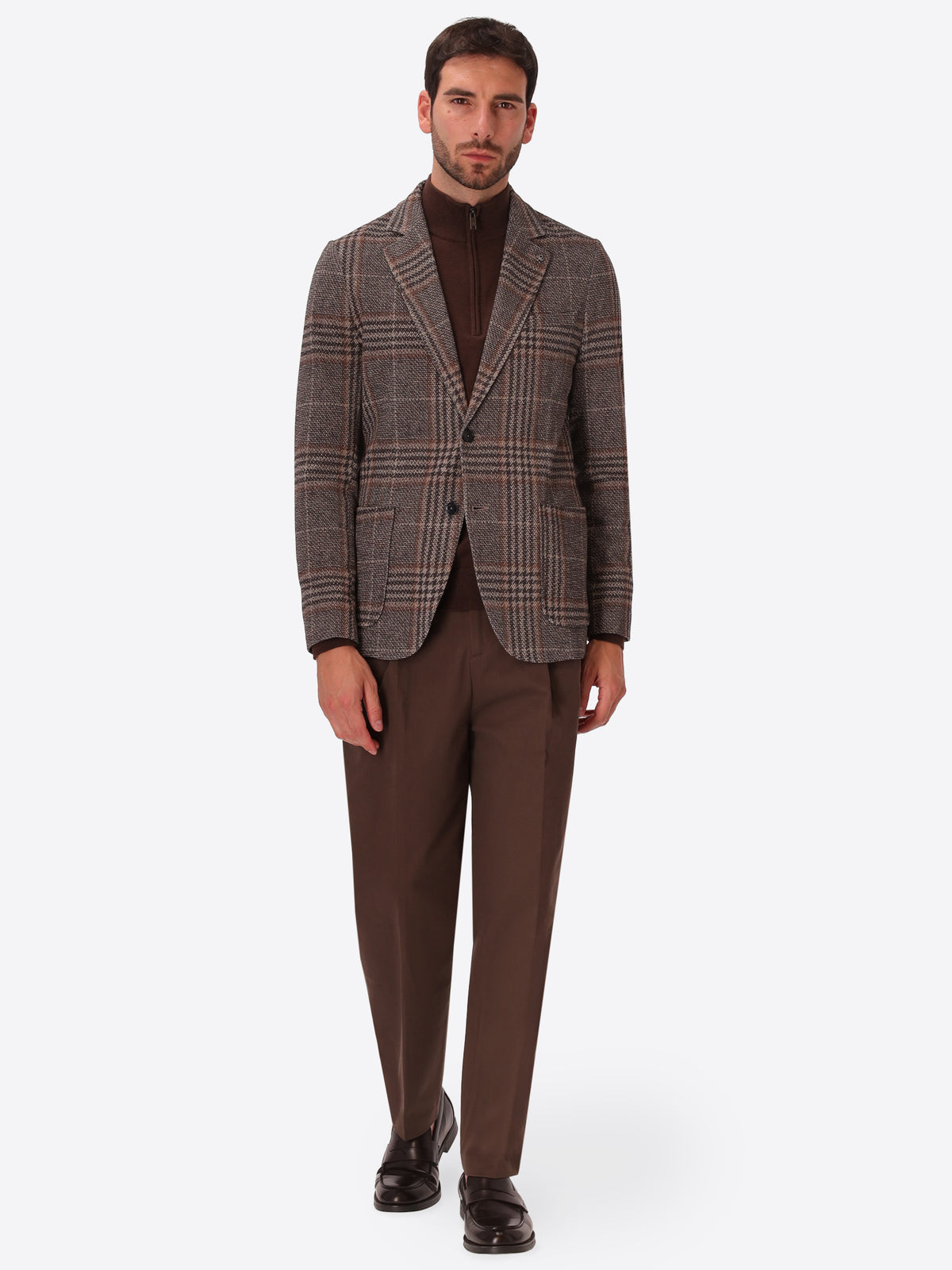 Picasso Brown Textured Pin-Dot Tartan-Print Jacket - Model Full Body Shot