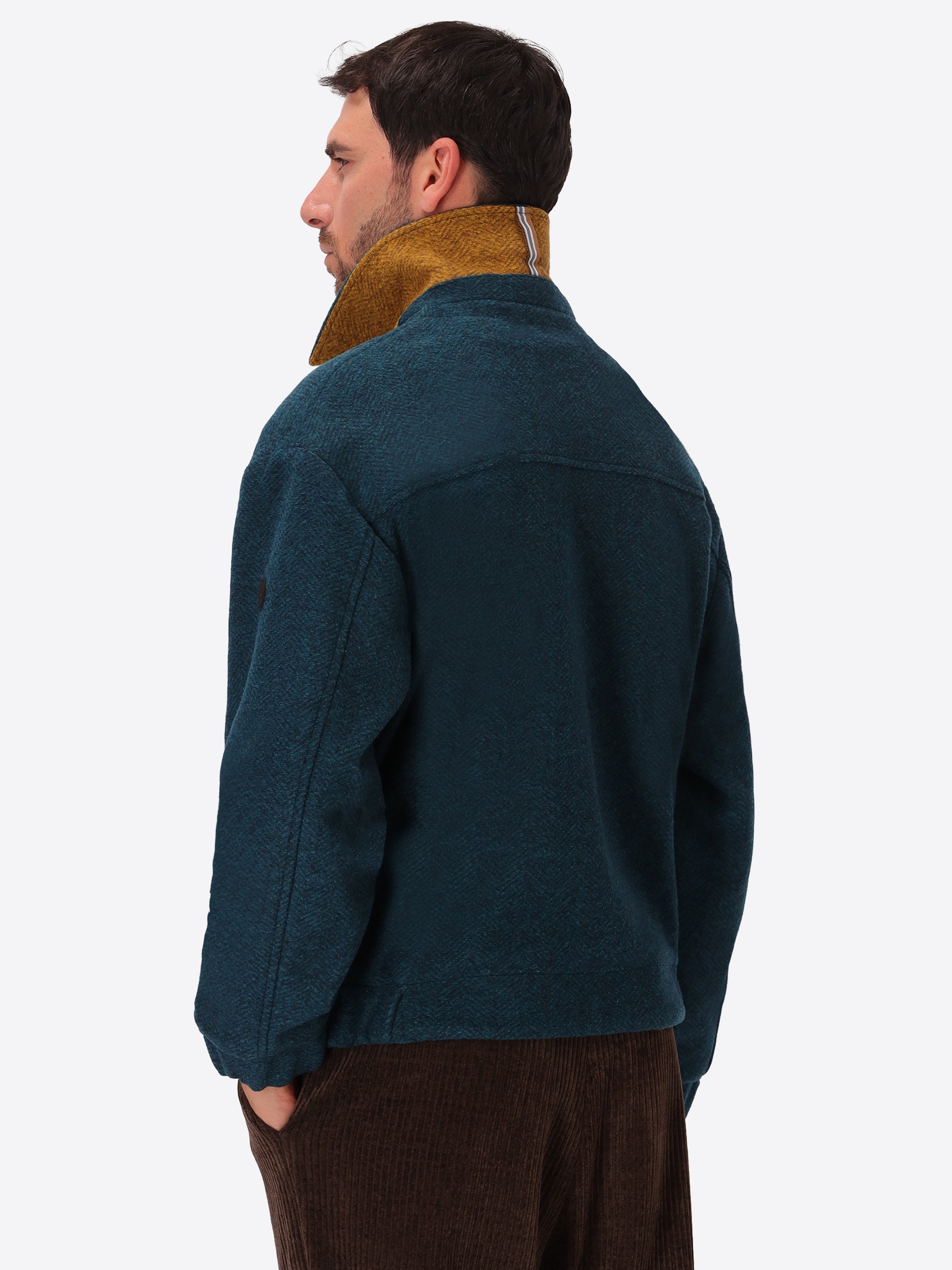 Relax Rubens Petrol Blue Tone-On-Tone Herringbone Boiled-Wool Bomber Jacket - Model Back View