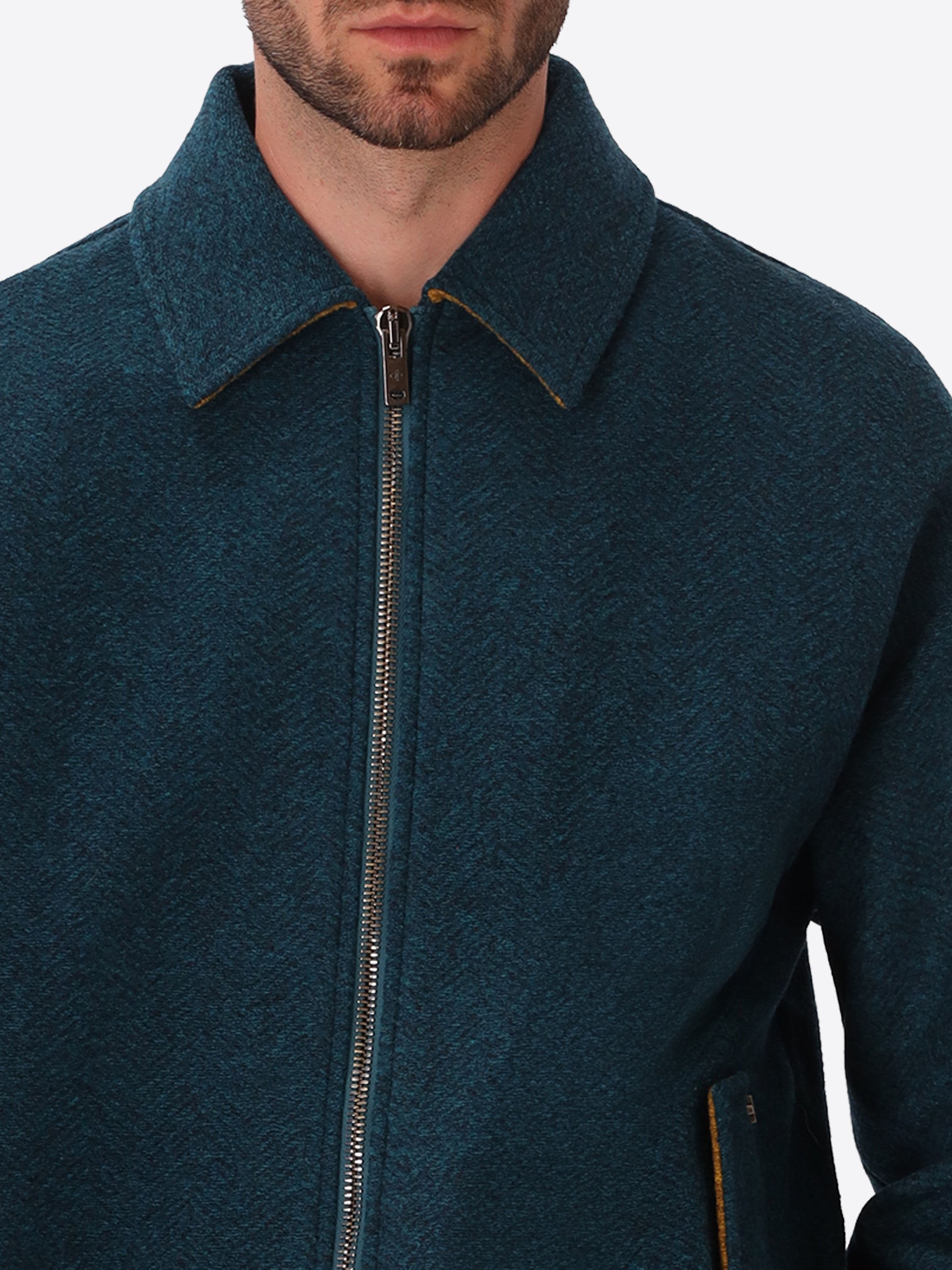 Relax Rubens Petrol Blue Tone-On-Tone Herringbone Boiled-Wool Bomber Jacket - Close-Up Of The Collar