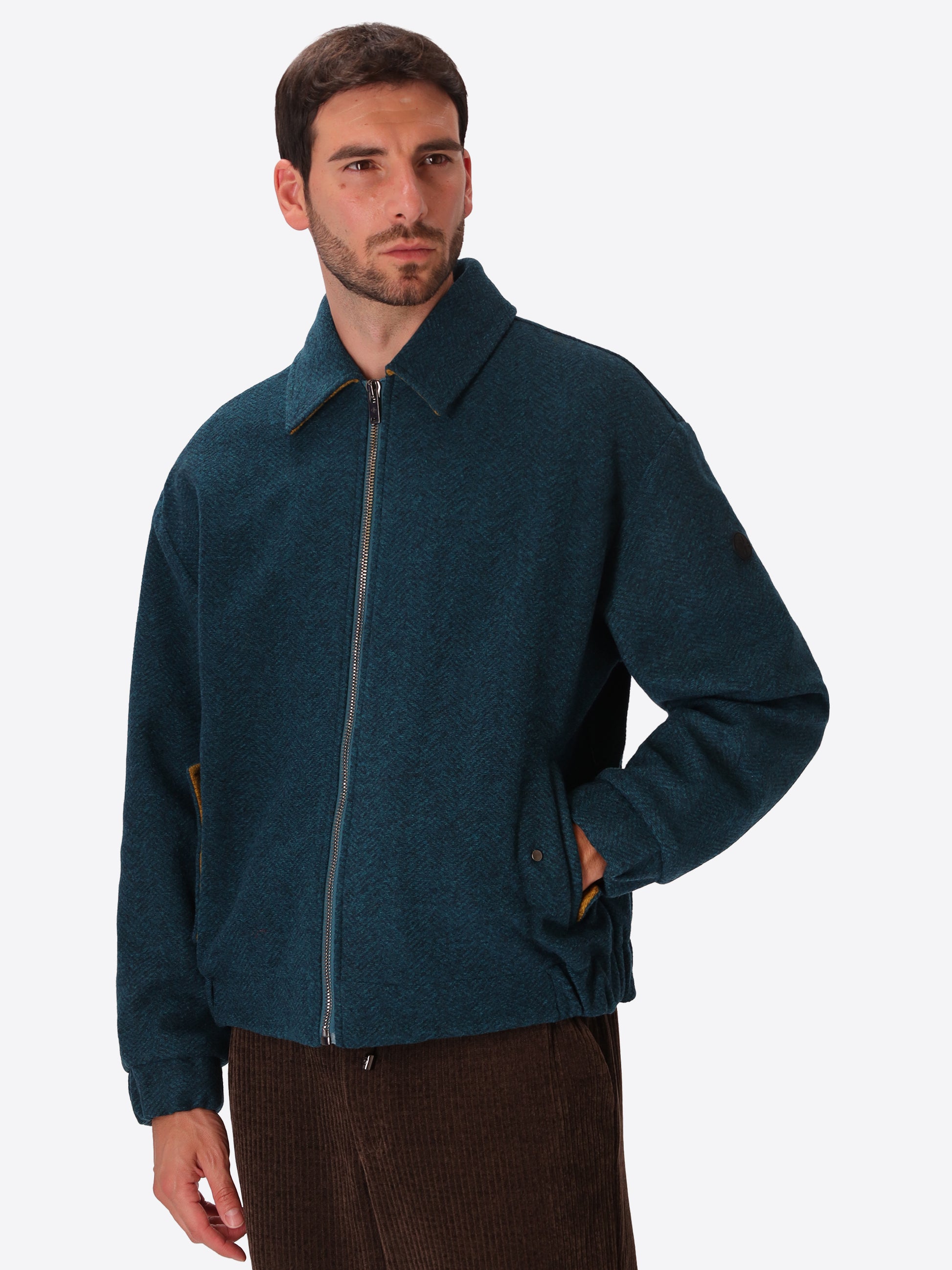 Relax Rubens Petrol Blue Tone-On-Tone Herringbone Boiled-Wool Bomber Jacket - Model Front View
