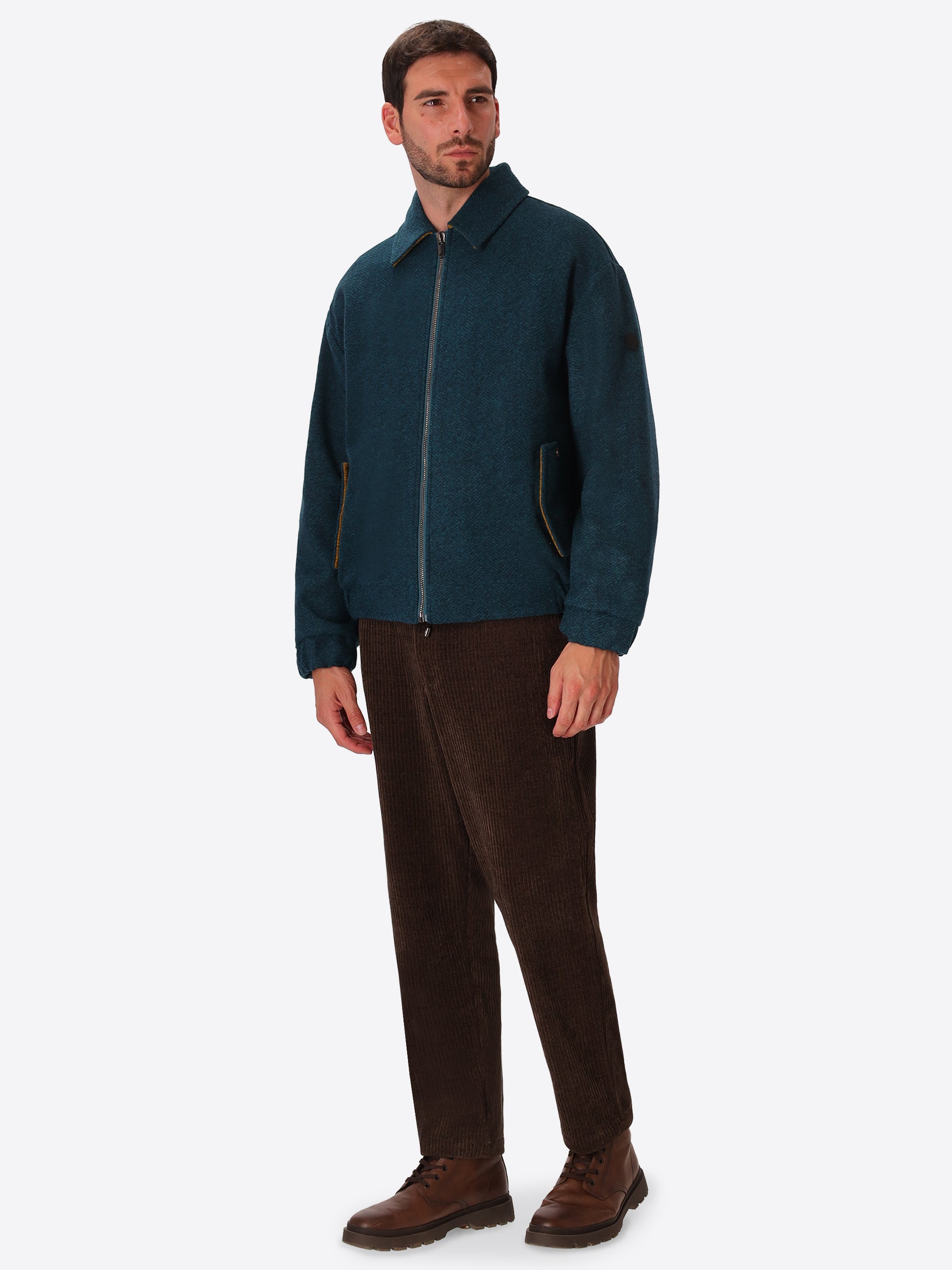 Relax Rubens Petrol Blue Tone-On-Tone Herringbone Boiled-Wool Bomber Jacket - Model Full Body Shot