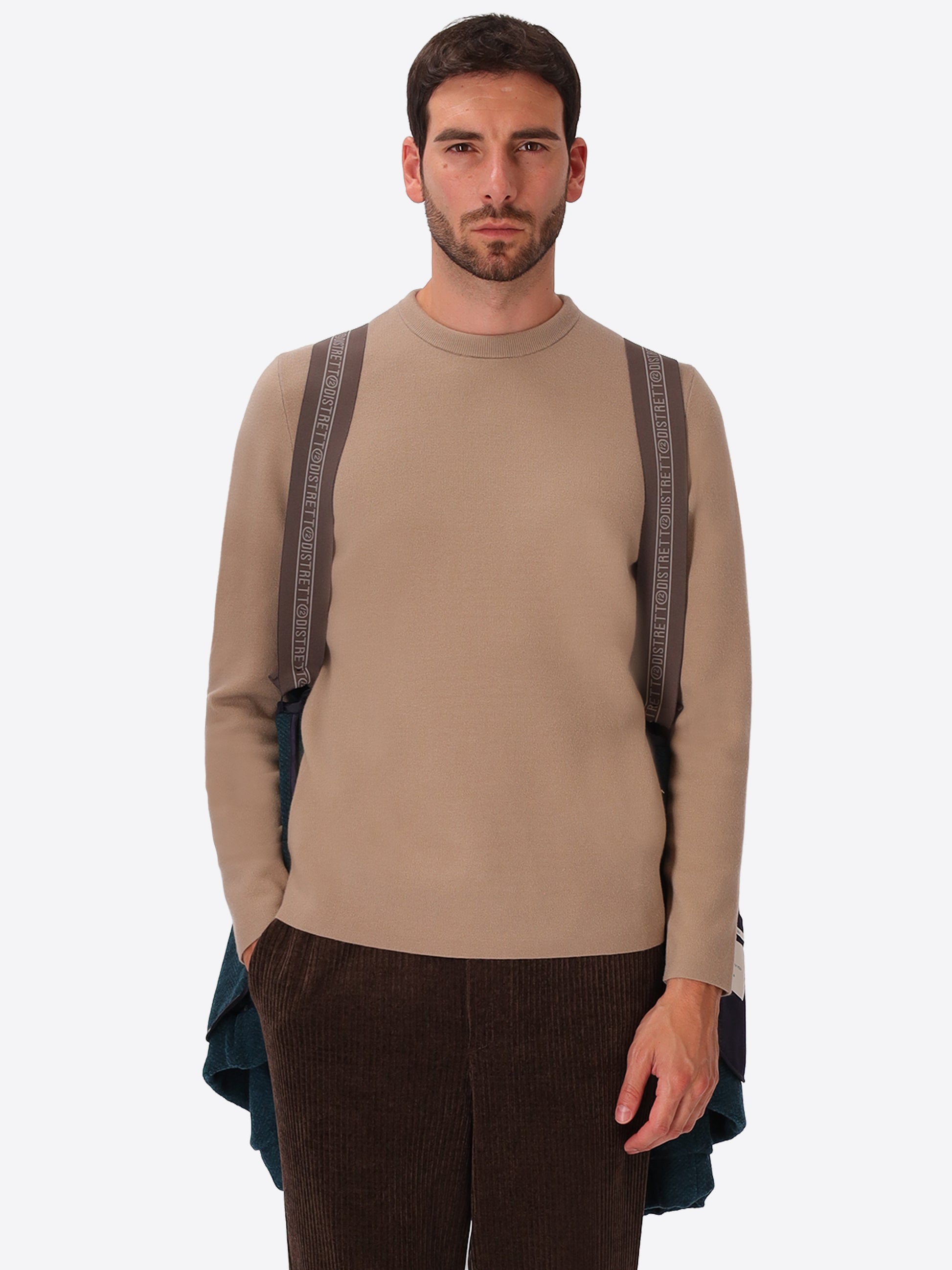 Relax Rubens Petrol Blue Tone-On-Tone Herringbone Boiled-Wool Bomber Jacket - Model Shot With Suspenders