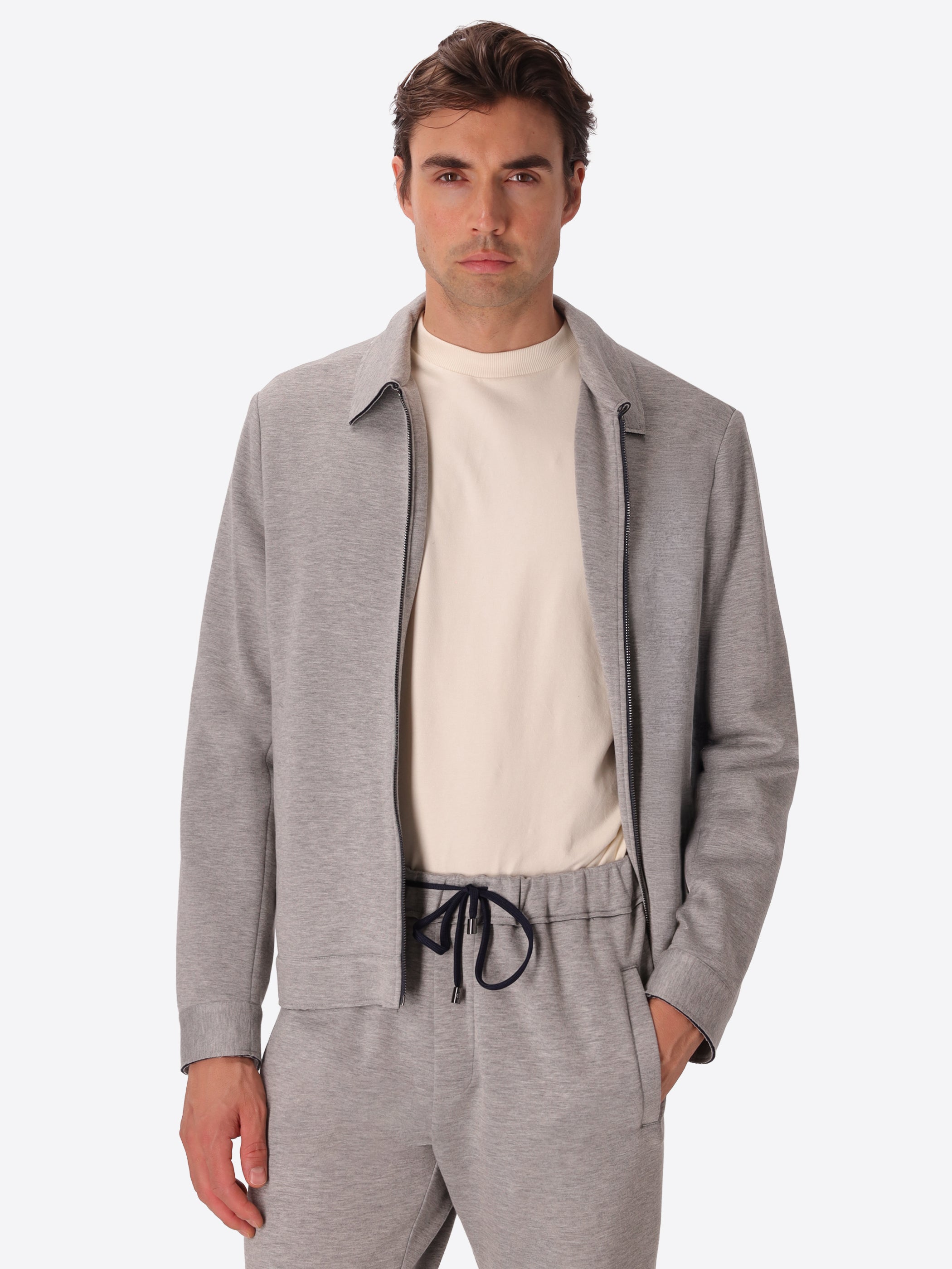 Pinturicchio Melange Grey Viscose-Blend Neoprene-Bonded Jersey Aviator Jacket - Model Front View