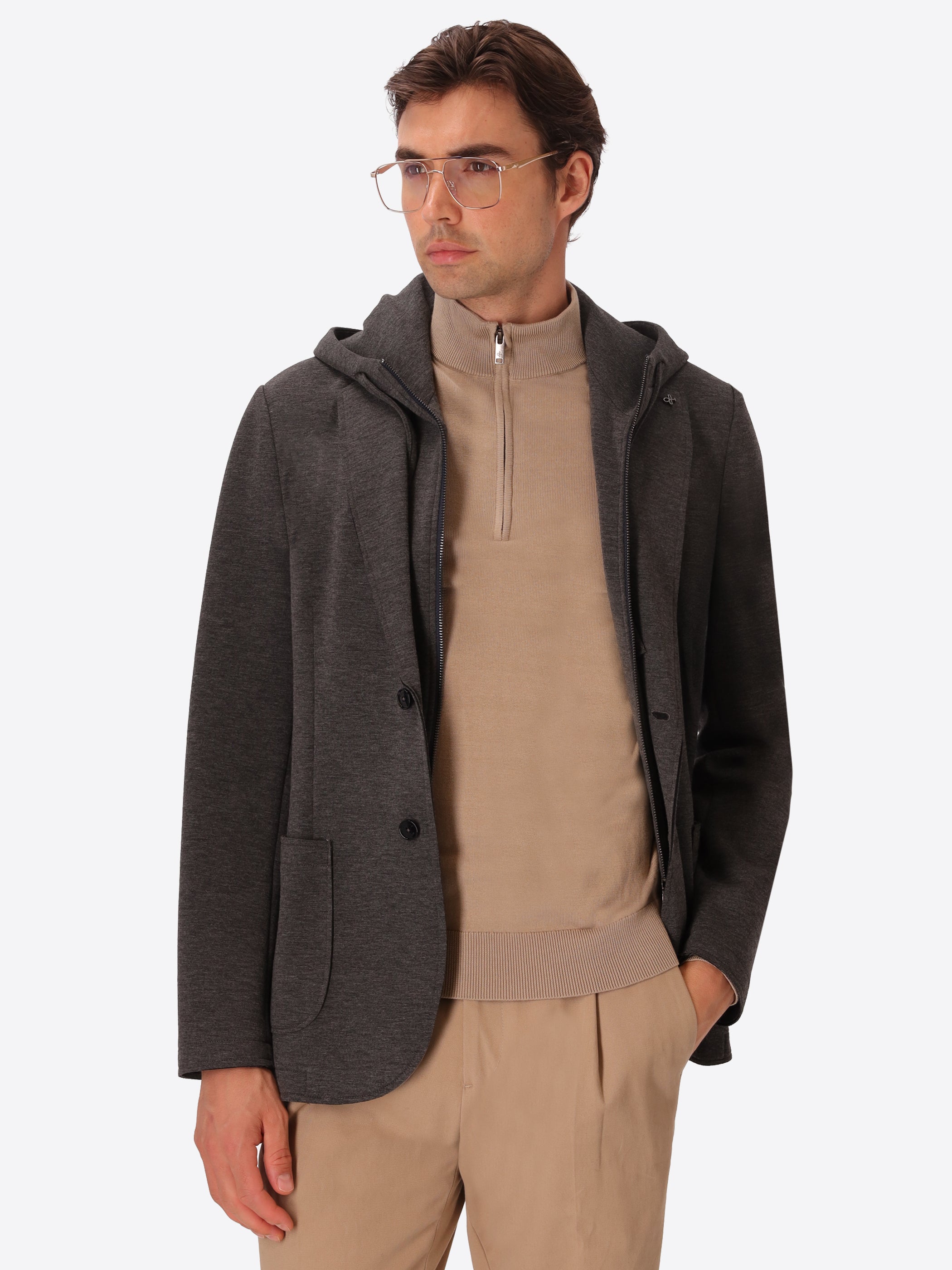 Pinturicchio Charcoal/Charcoal Viscose-Blend Neoprene-Bonded Jersey Jacket With Detachable Bib - Model Front View