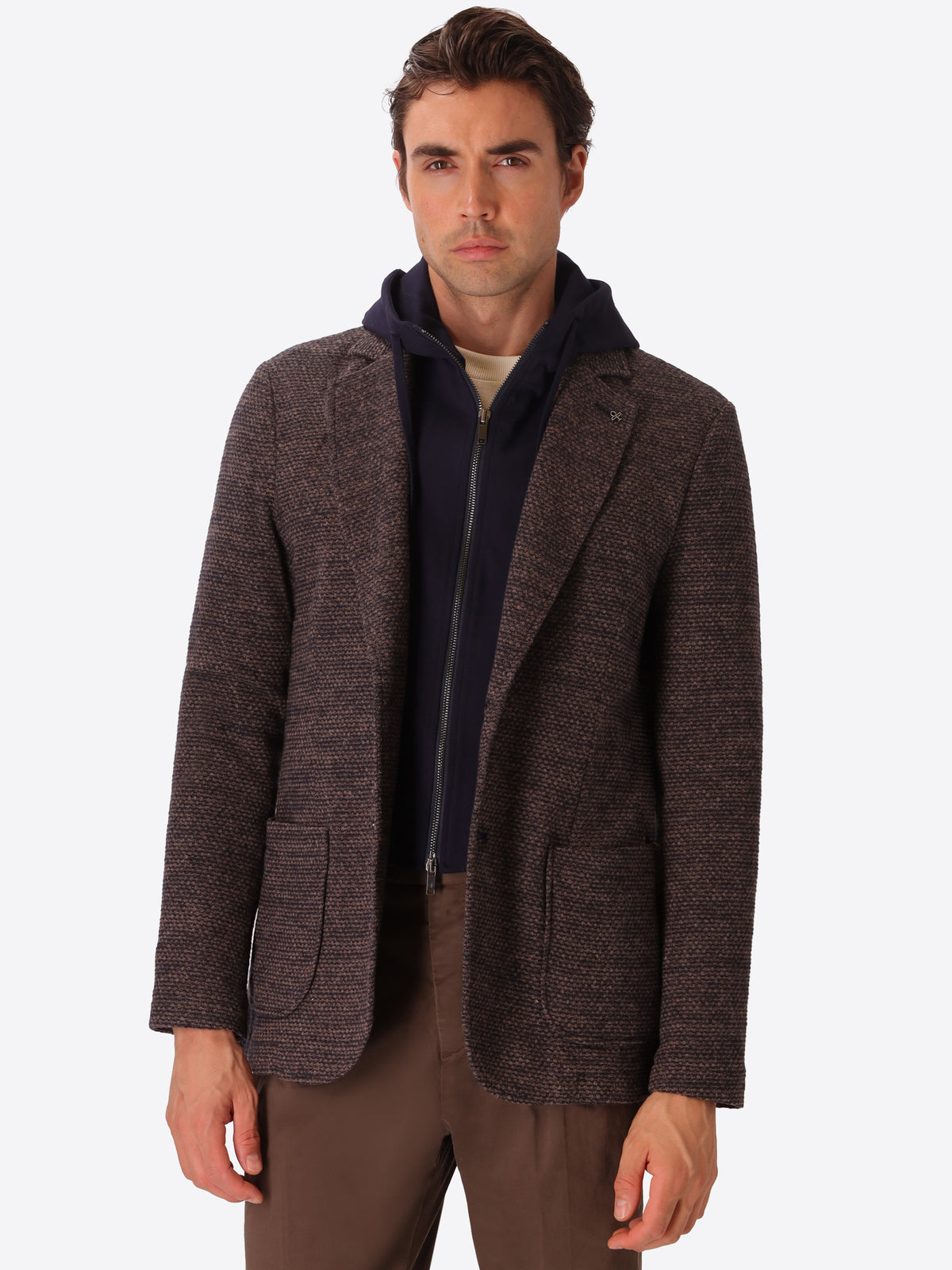 Pad Mud/Blue Warm-Hand Super-Comfort Knit Padded Jacket With Detachable Bib - Model Front View