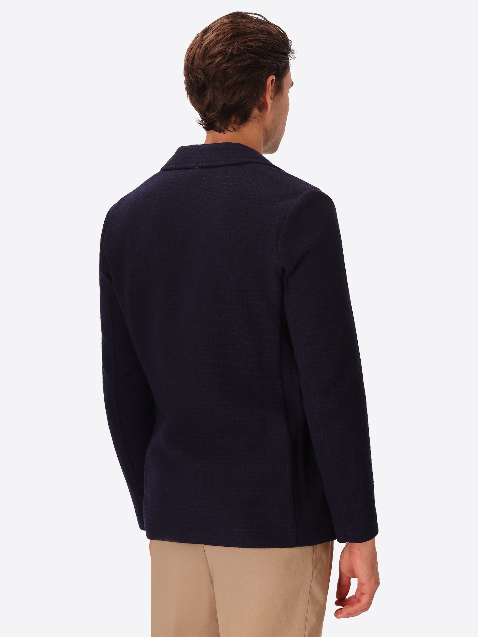 Vangogh Blue Warm-Hand Super-Comfort Knit With Mini-Check Texture Jacket - Model Back View