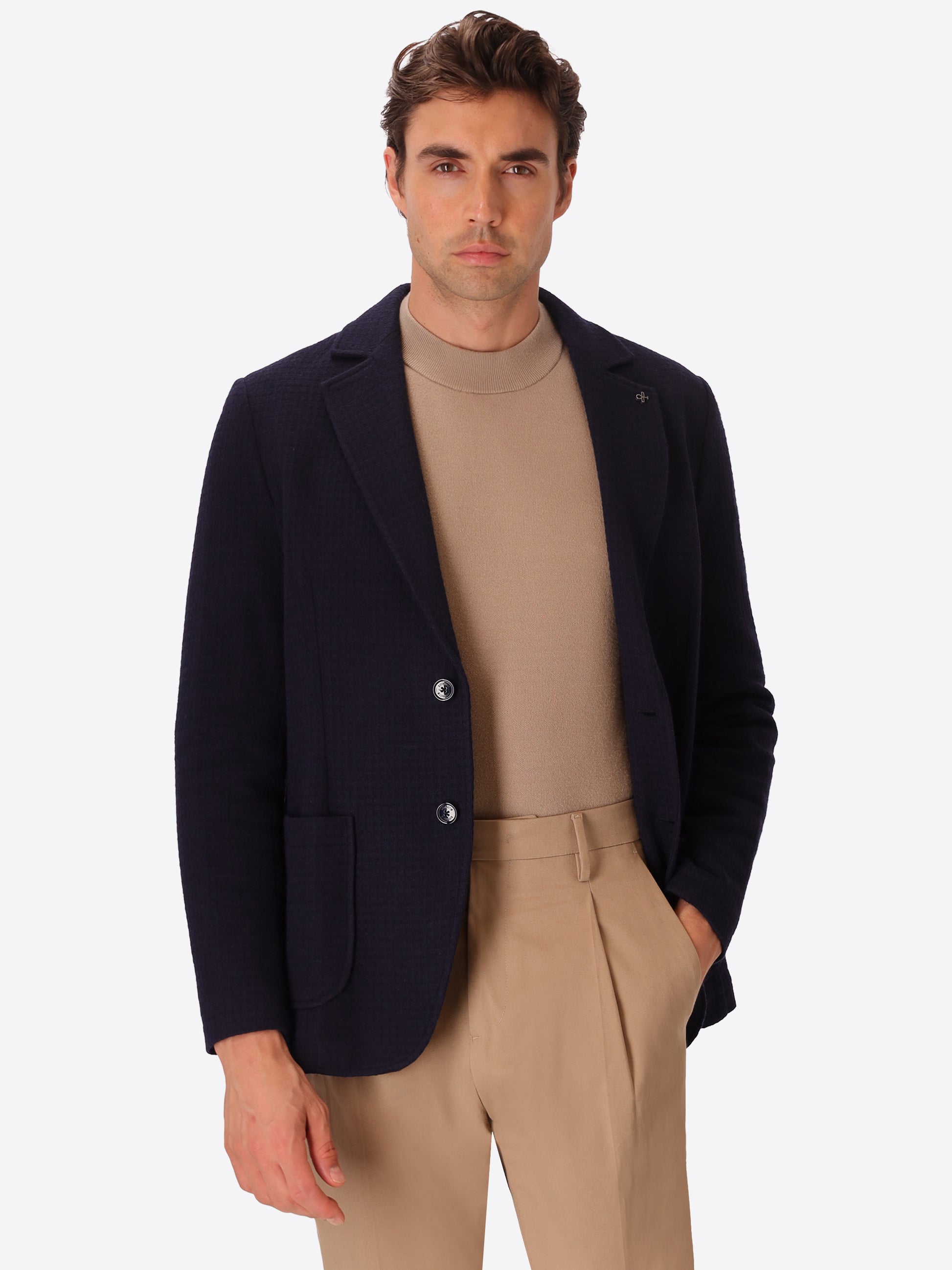Vangogh Blue Warm-Hand Super-Comfort Knit With Mini-Check Texture Jacket - Model Front View