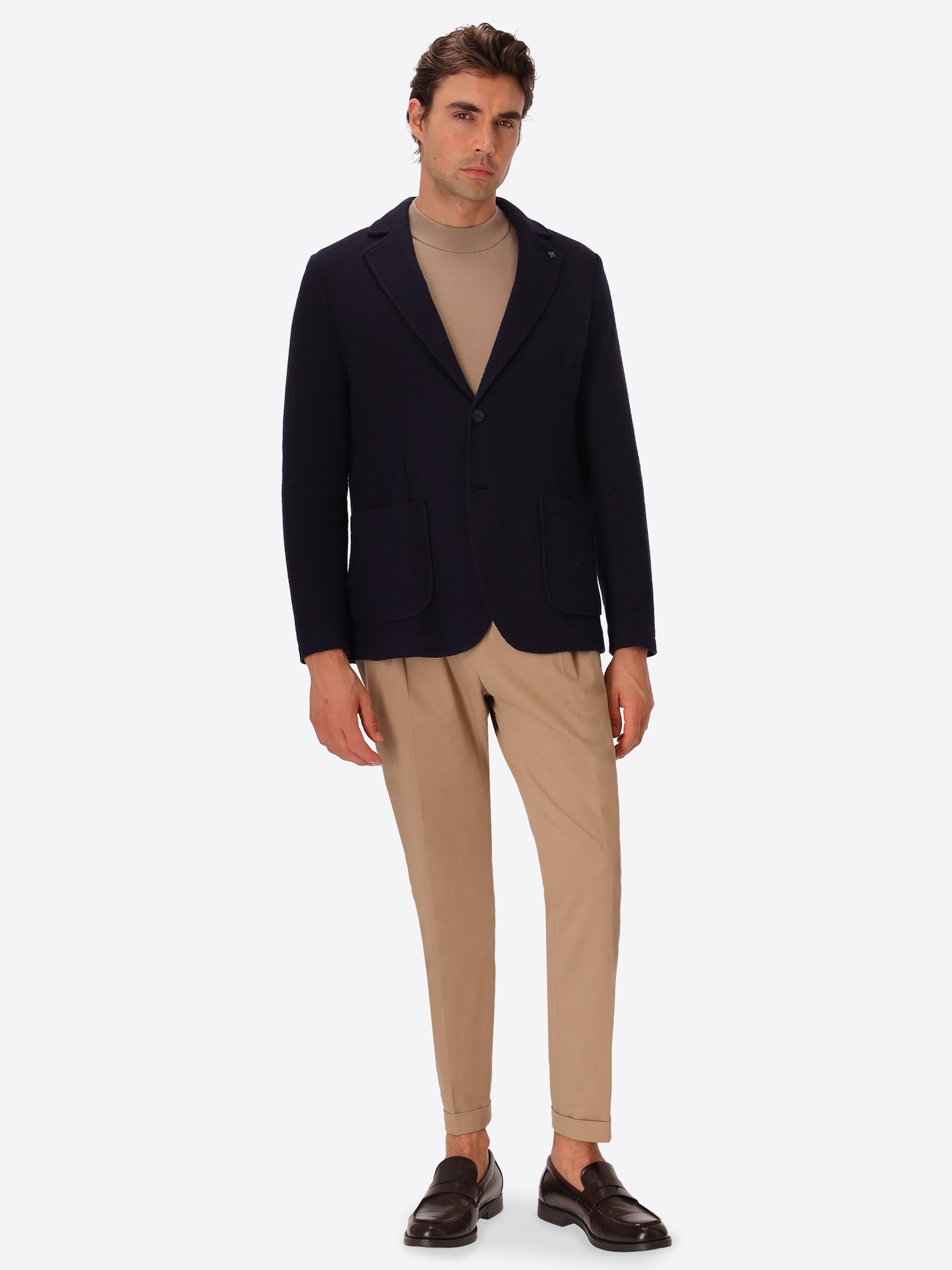 Vangogh Blue Warm-Hand Super-Comfort Knit With Mini-Check Texture Jacket - Model Full Body Shot