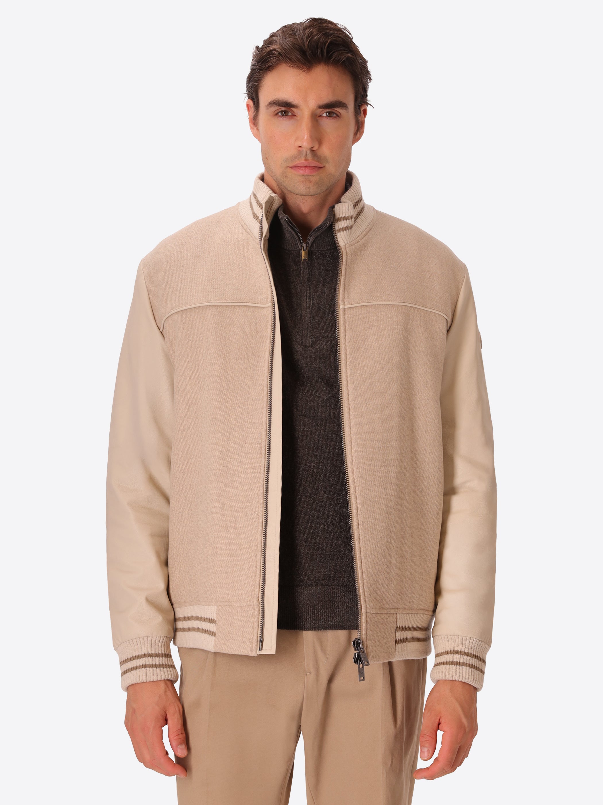 Miraglio Cacha Wool-Blend And Eco-Leather Bomber Jacket - Model Front View