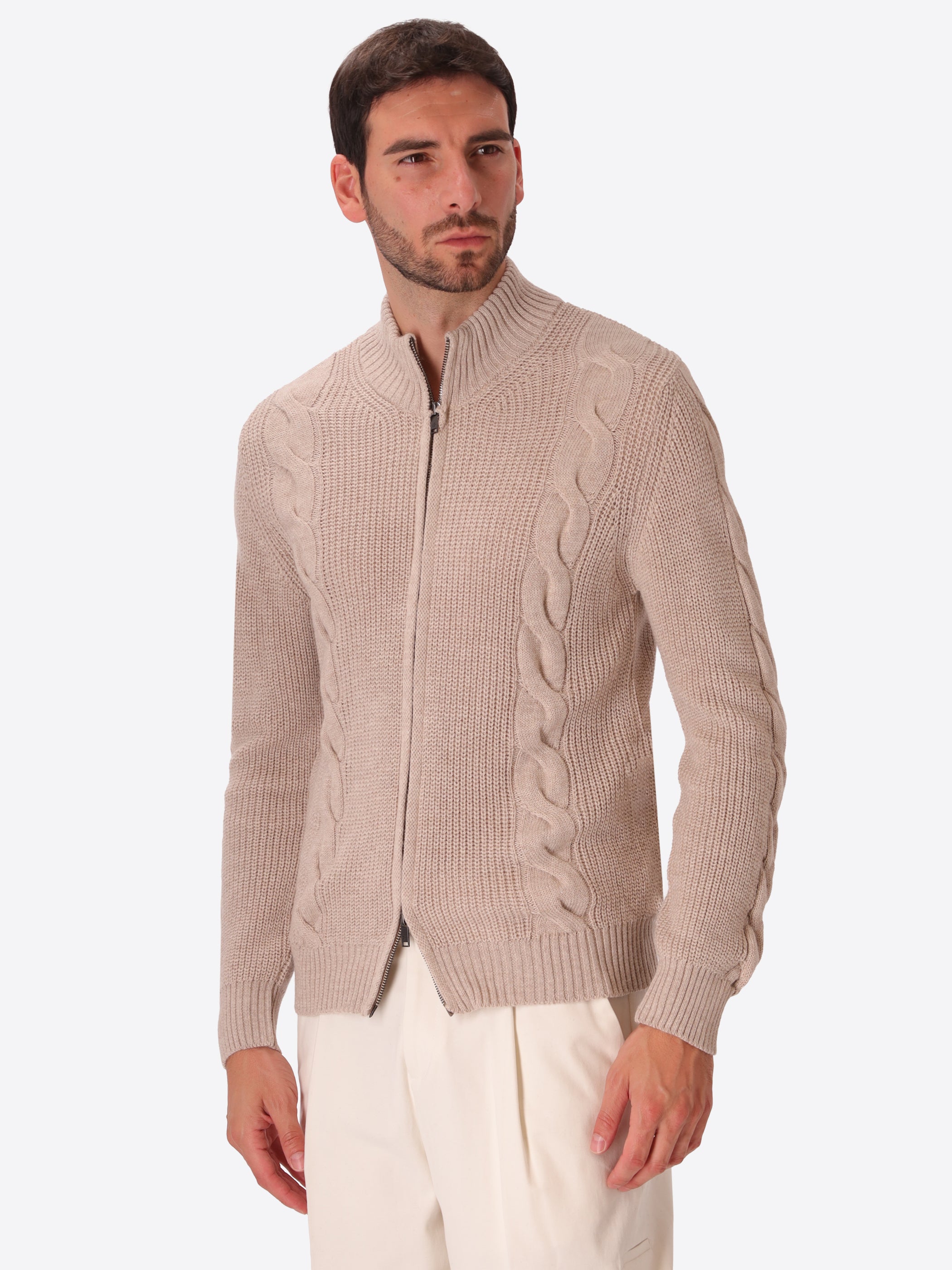 Giotto Cacha Wool-Blend Cable-Knit Cardigan - Model Front View