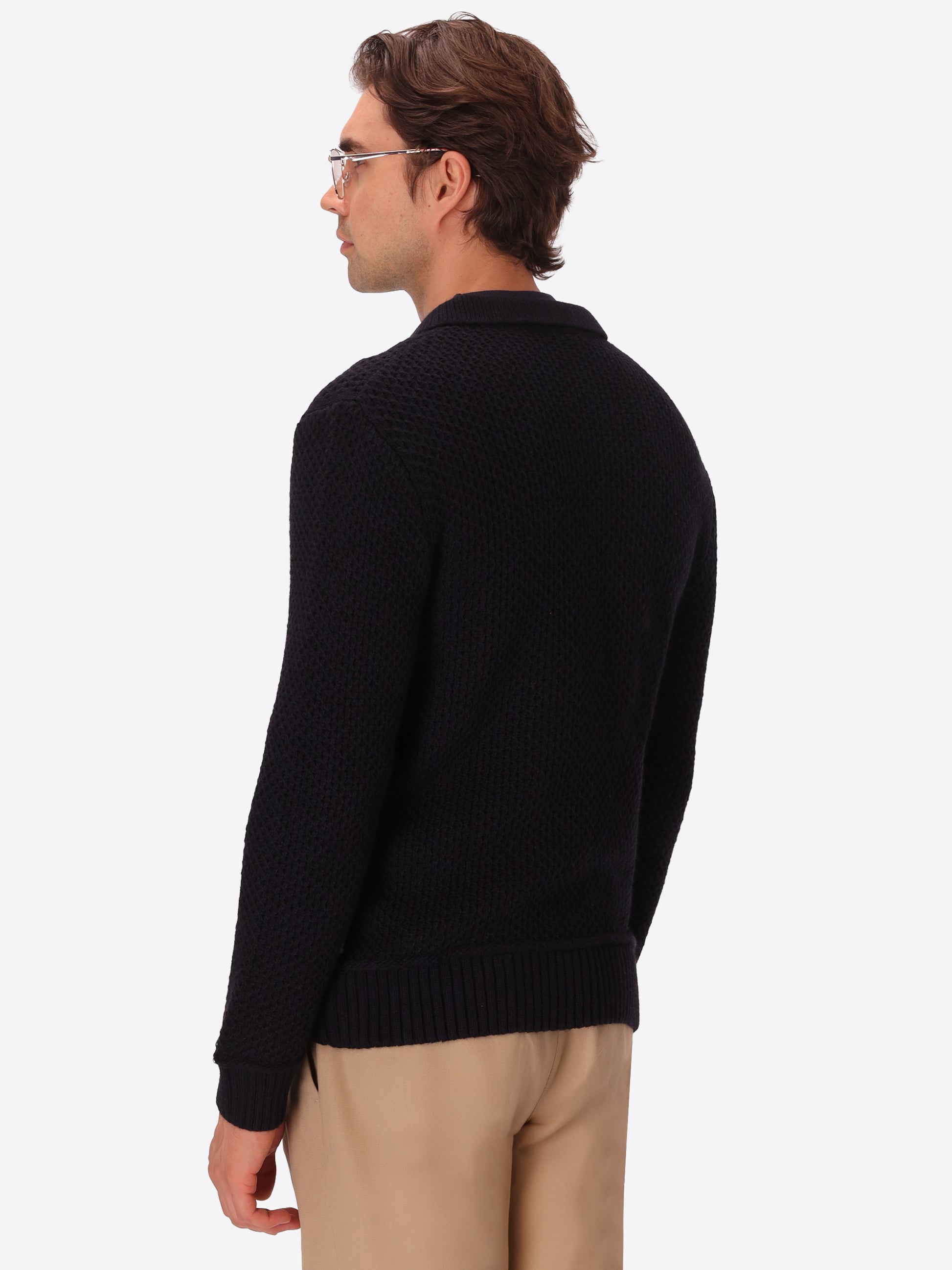 Vermeer Blue Wool-Blend Cable-Knit Cardigan - Model Back View