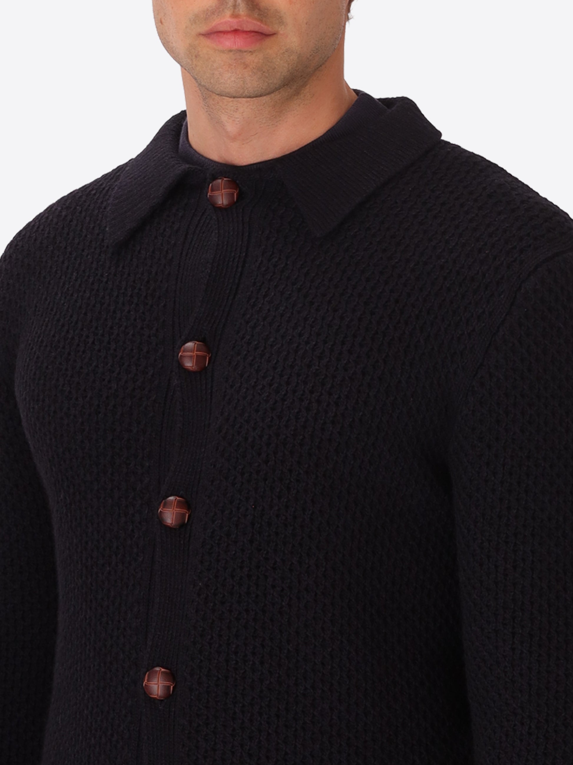 Vermeer Blue Wool-Blend Cable-Knit Cardigan - Close-Up Of The Collar