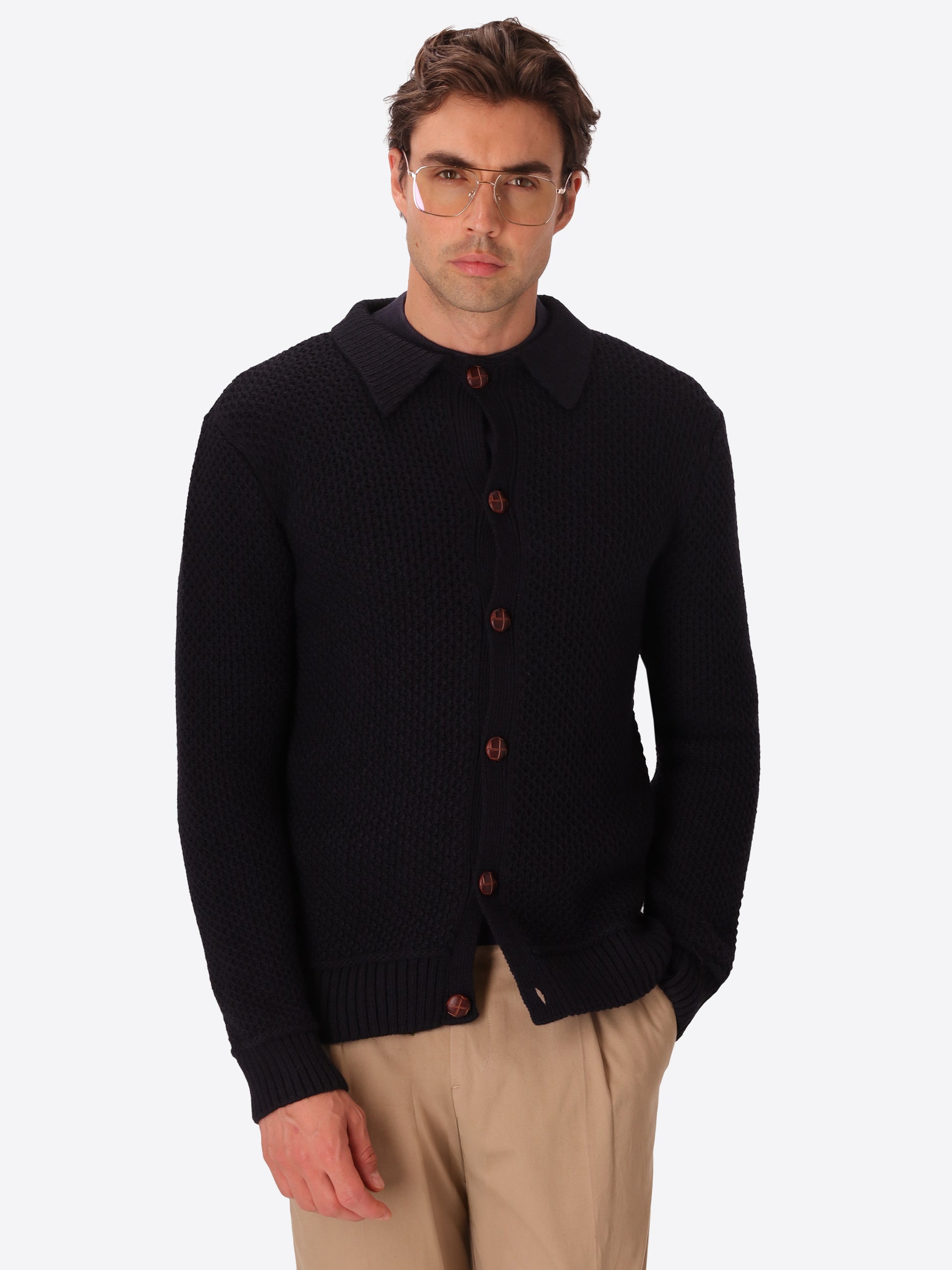 Vermeer Blue Wool-Blend Cable-Knit Cardigan - Model Front View
