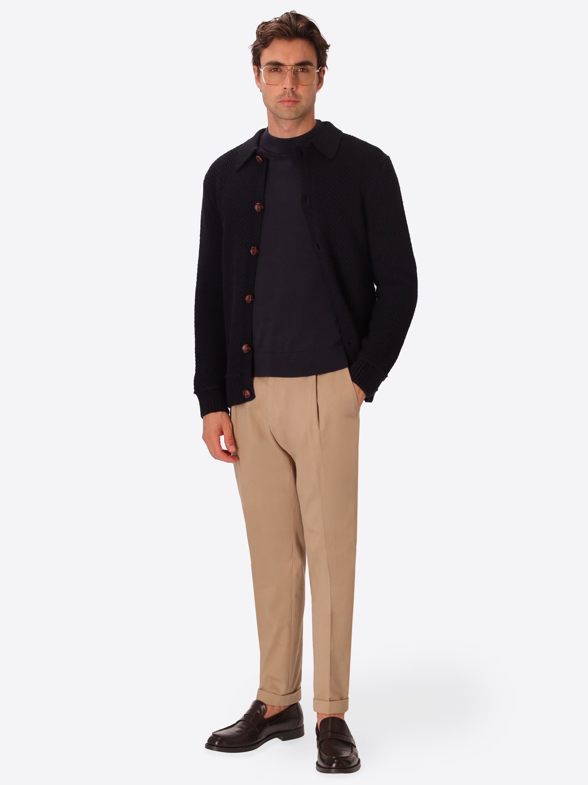 Vermeer Blue Wool-Blend Cable-Knit Cardigan - Model Full Body Shot