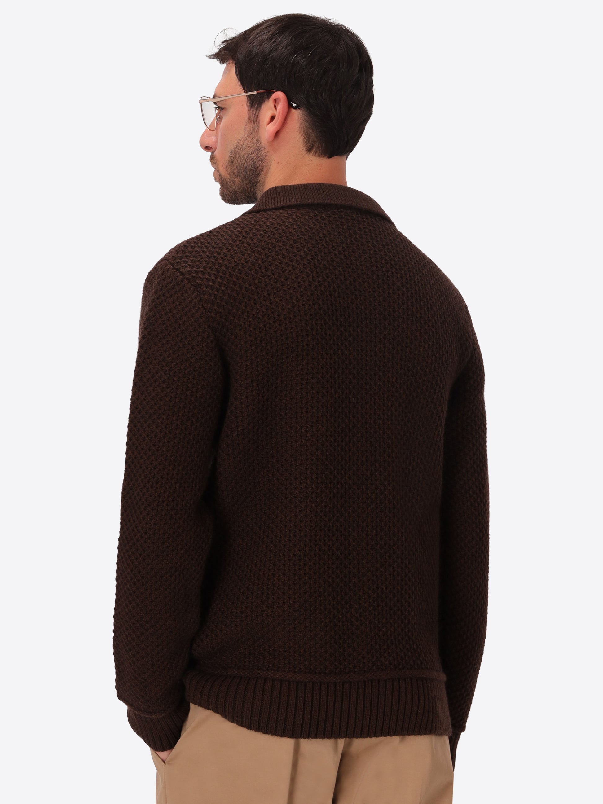 Vermeer Brown Wool-Blend Cable-Knit Cardigan - Model Back View