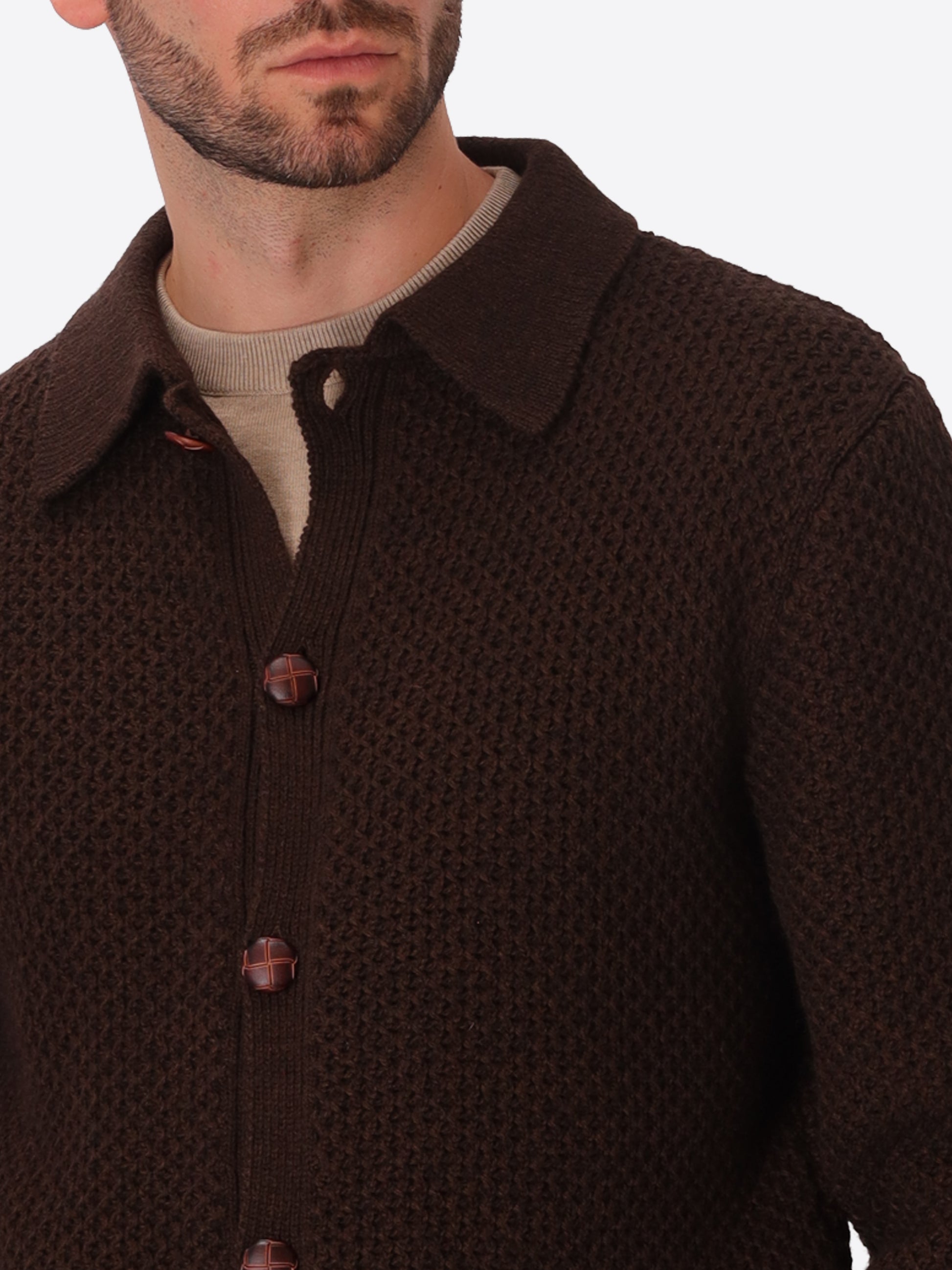 Vermeer Brown Wool-Blend Cable-Knit Cardigan - Close-Up Of The Collar