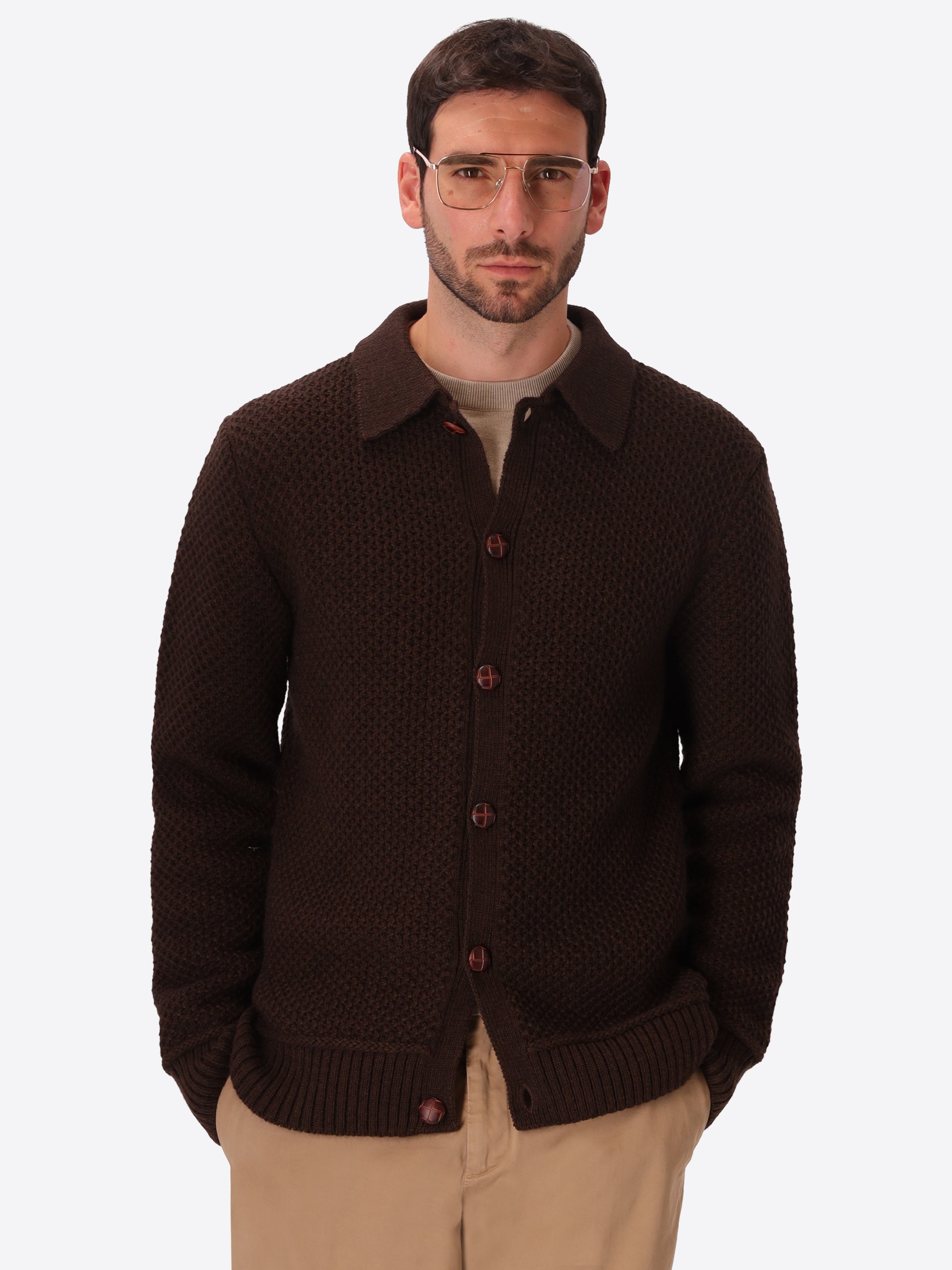 Vermeer Brown Wool-Blend Cable-Knit Cardigan - Model Front View