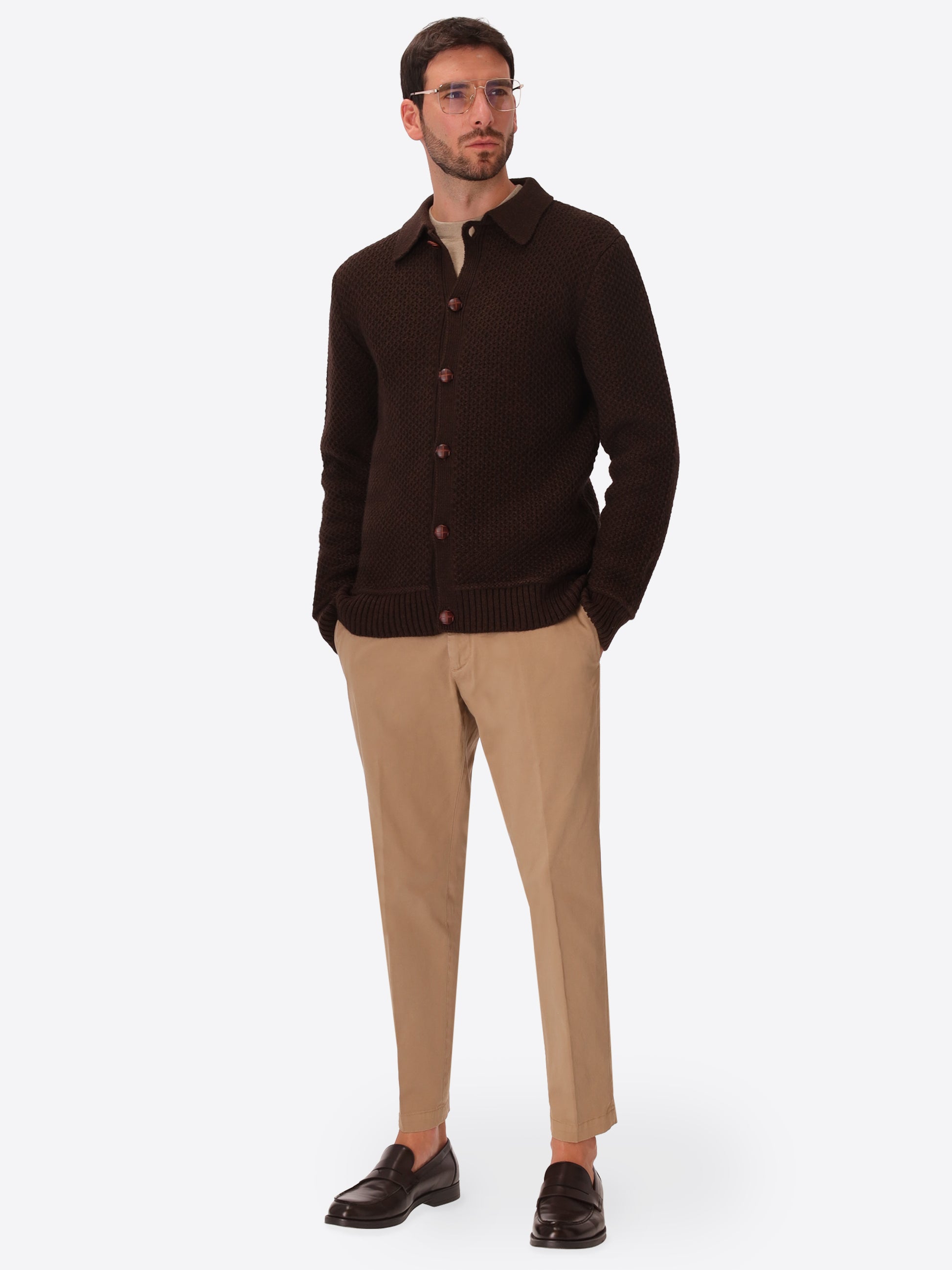 Vermeer Brown Wool-Blend Cable-Knit Cardigan - Model Full Body Shot