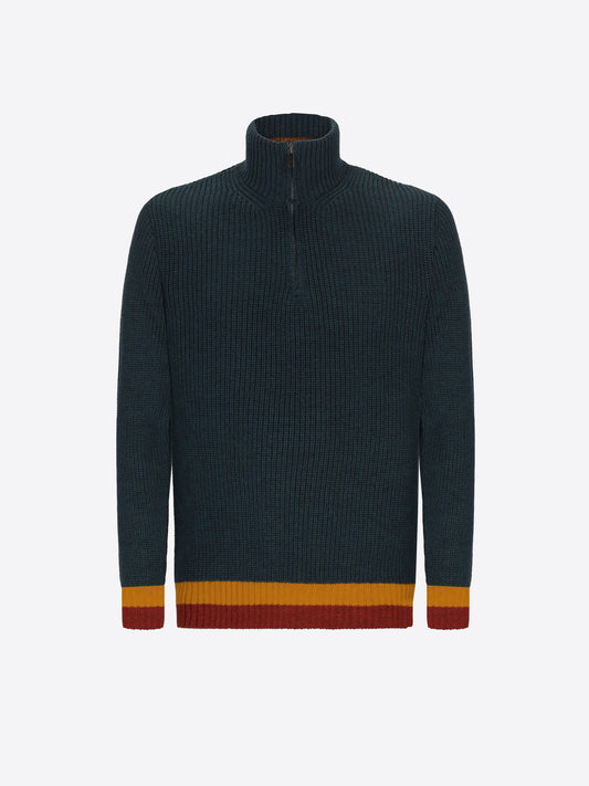 Distretto12 Petrol Blue Wool-Blend English Rib Zip Turtleneck Sweater Guttuso - Product Still Life