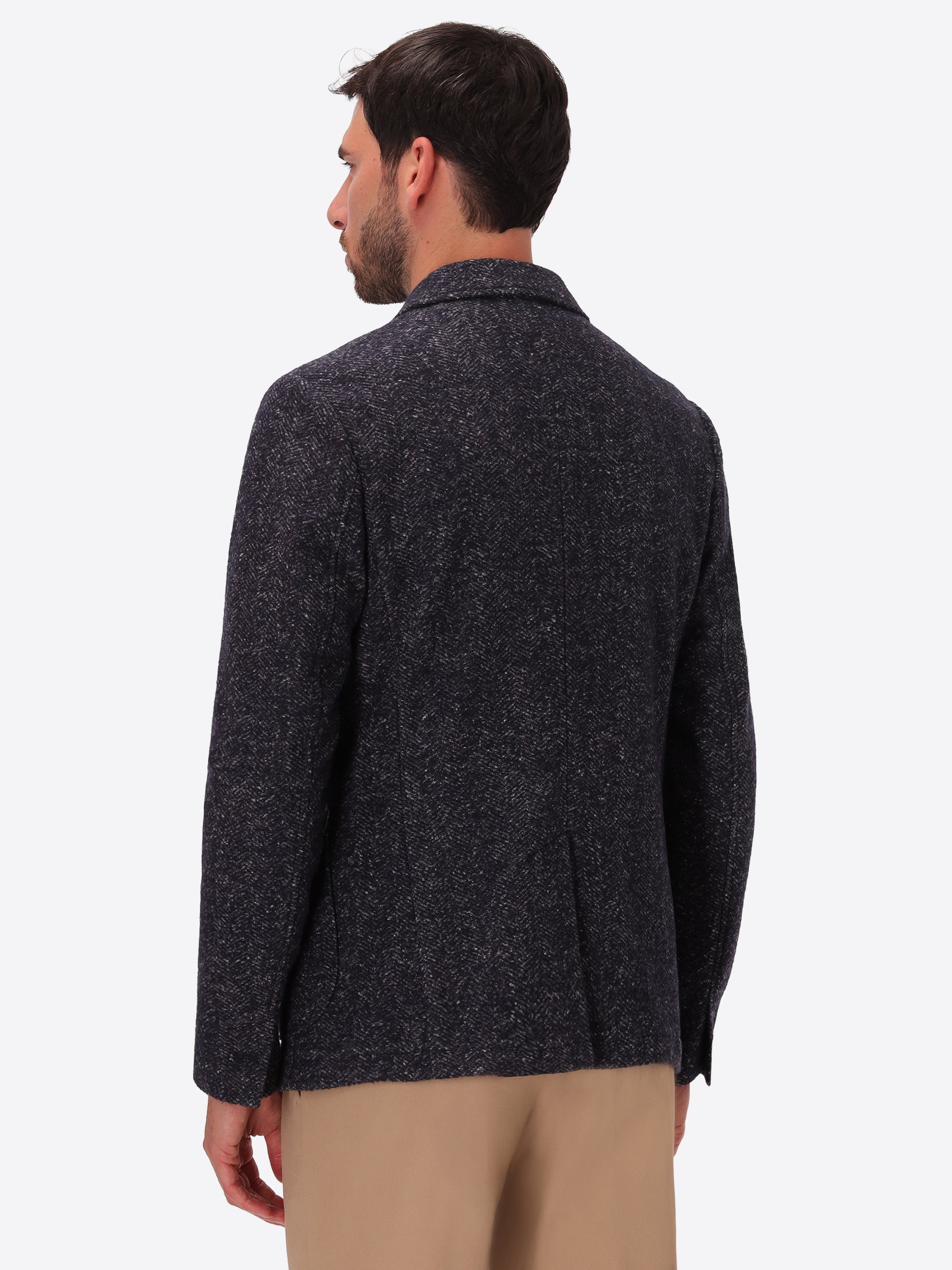 Donatello Blue Wool-Blend Herringbone Jacket - Model Back View