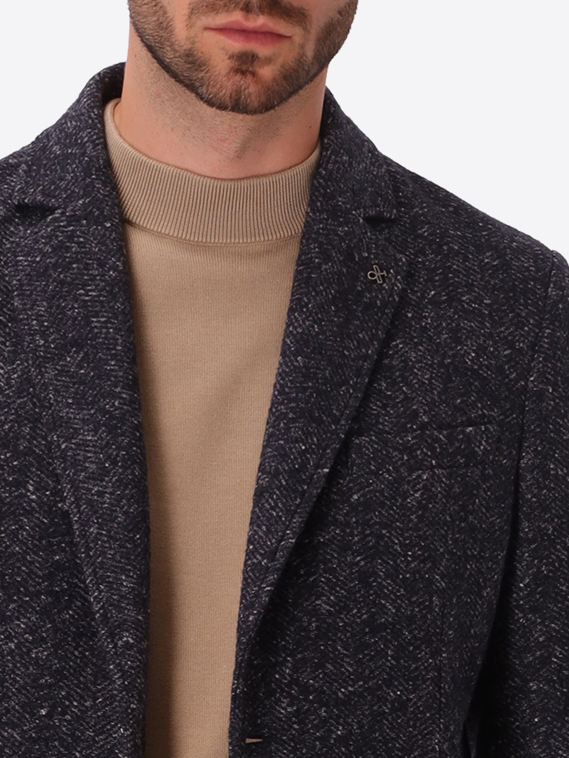 Donatello Blue Wool-Blend Herringbone Jacket - Close-Up Of The Collar