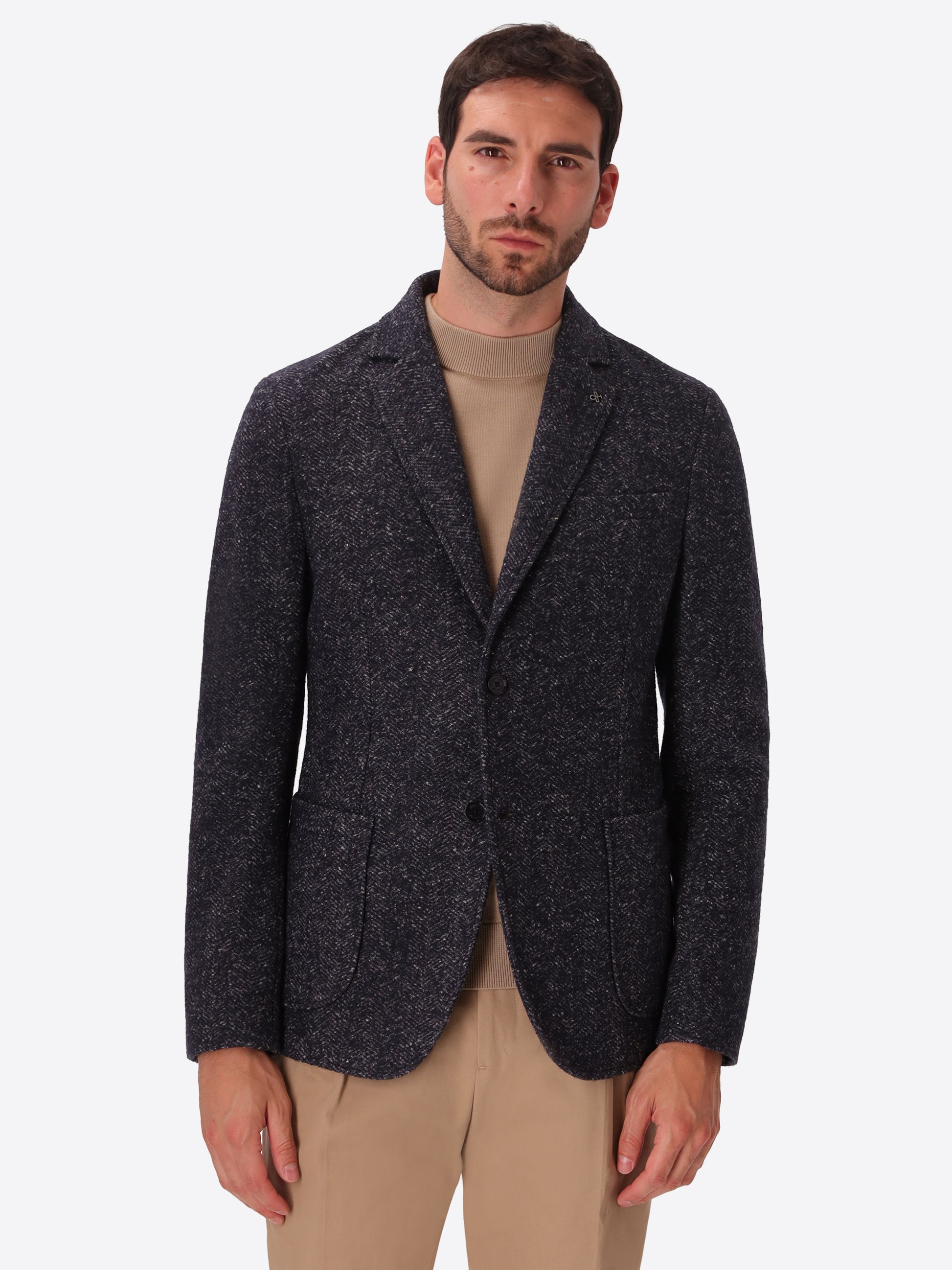 Donatello Blue Wool-Blend Herringbone Jacket - Model Front View