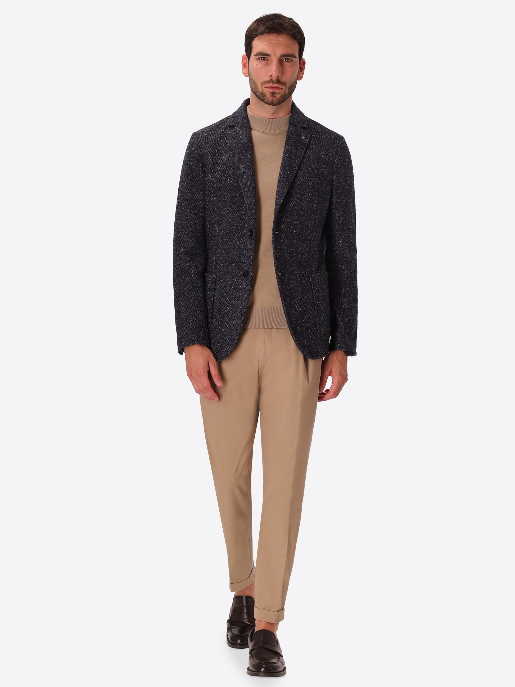 Donatello Blue Wool-Blend Herringbone Jacket - Model Full Body Shot