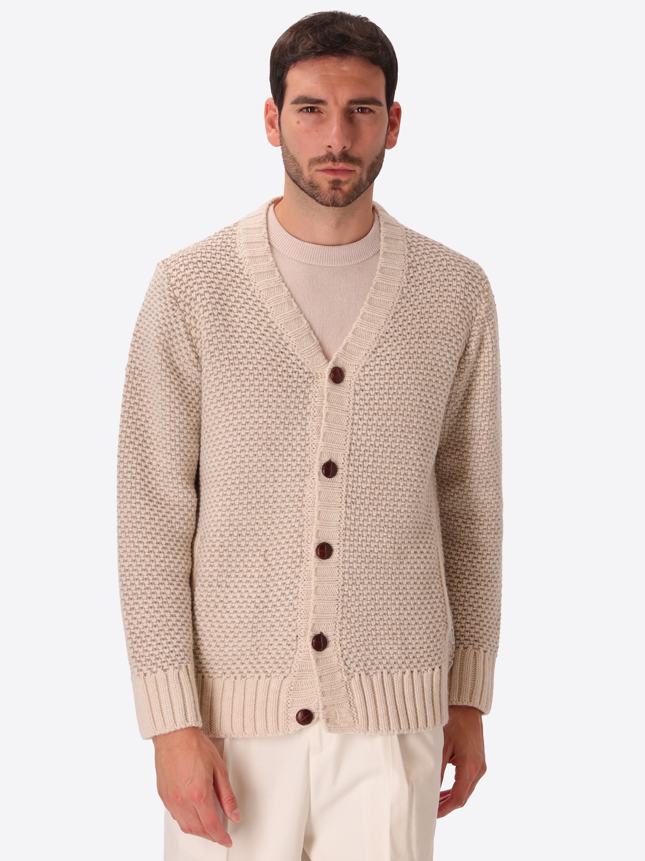 Pollock Cream Wool-Blend Jacquard Cardigan - Model Front View