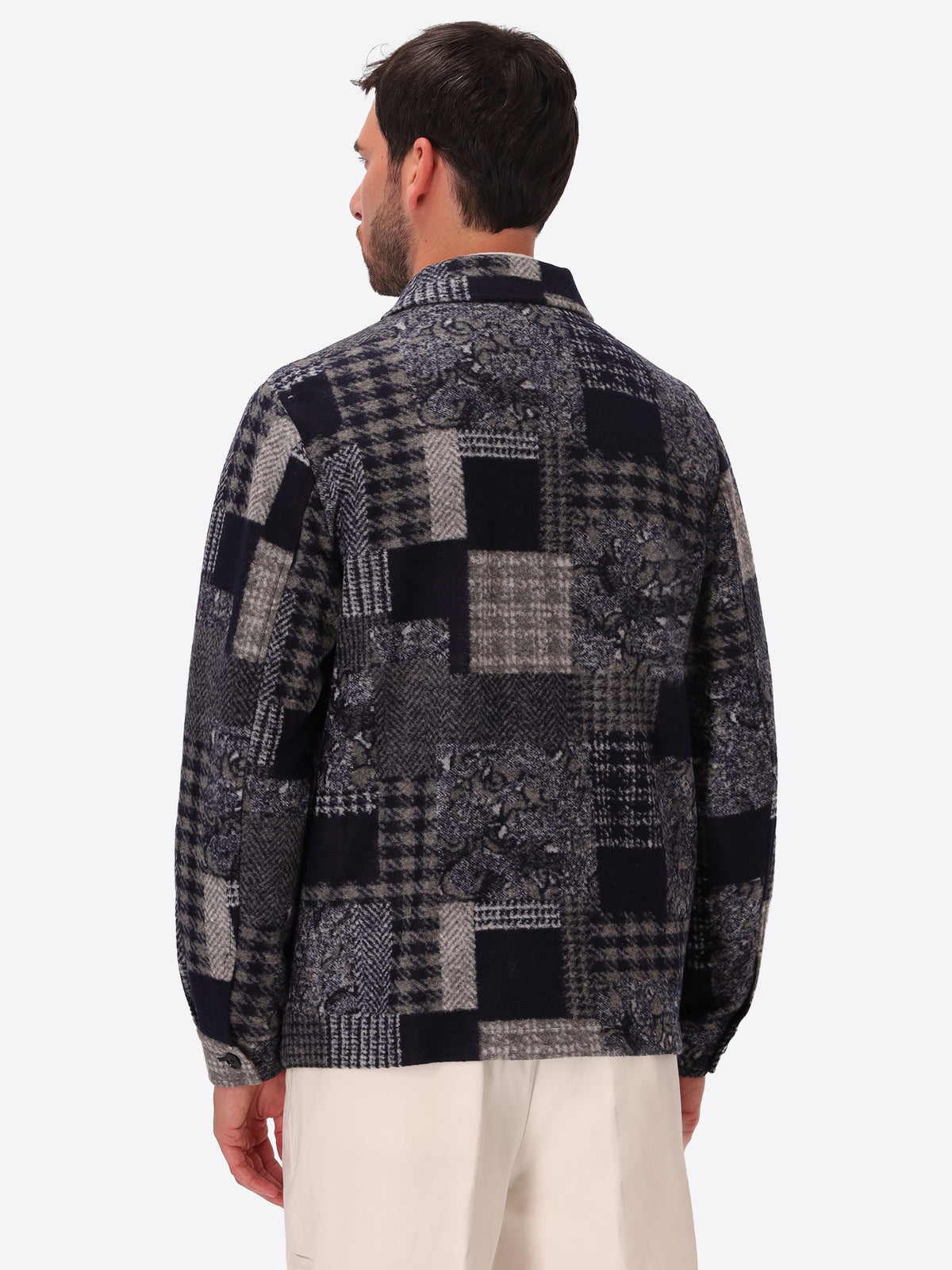 Boccioni Blue Wool-Blend Patchwork Shirt Jacket - Model Back View