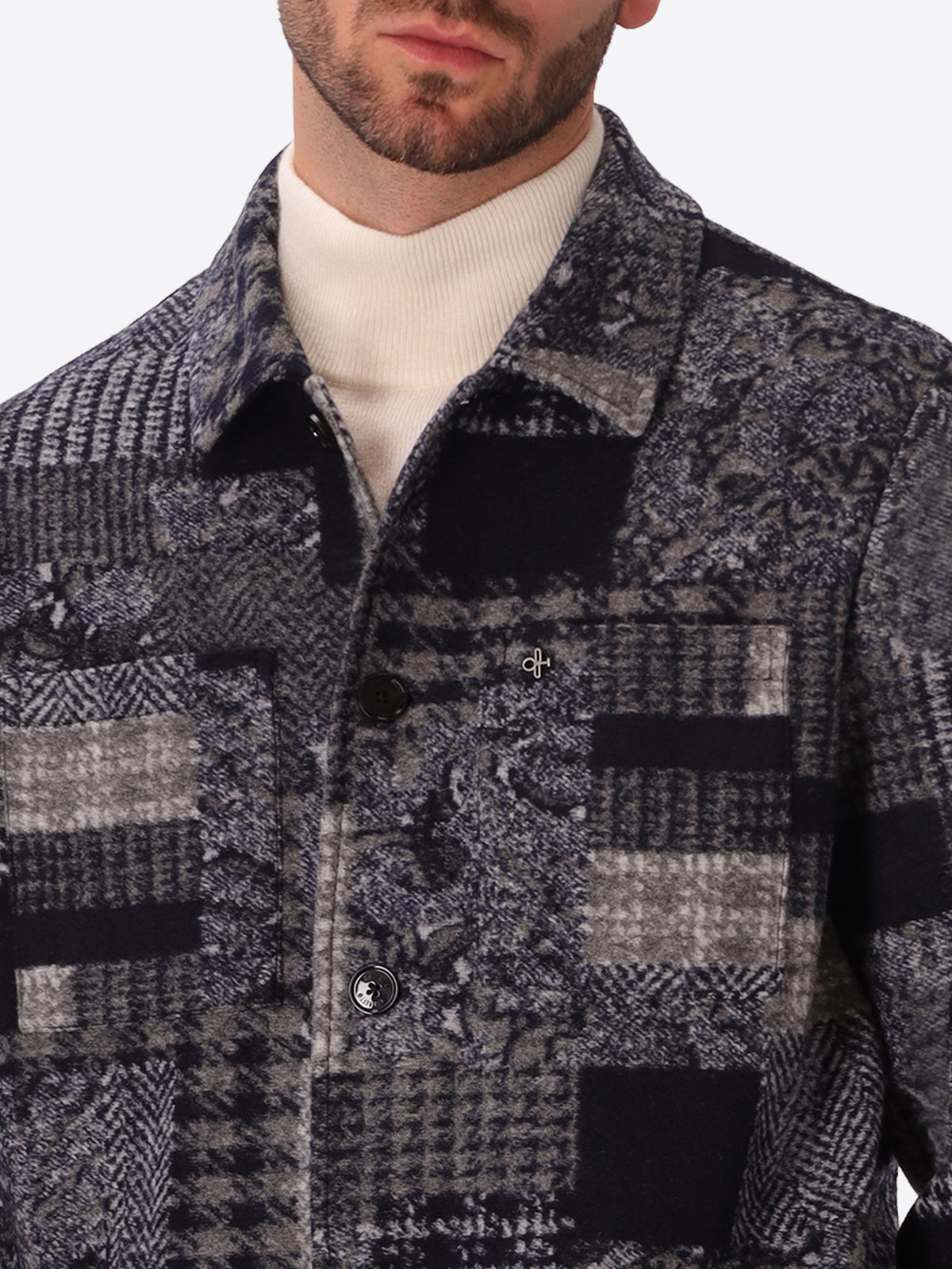 Boccioni Blue Wool-Blend Patchwork Shirt Jacket - Close-Up Of The Collar